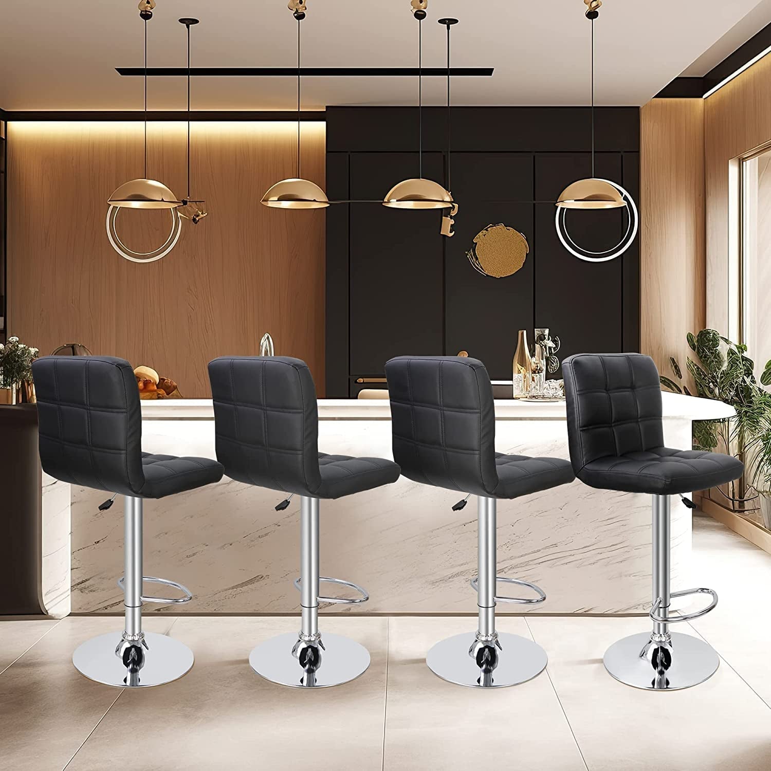 Set of 4 Adjustable Swivel Barstools, Modern PU Leather Kitchen Counter Bar Stools, Square Back Bar Stool-1