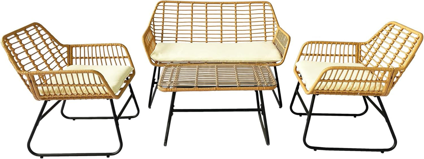 4 Piece Rattan Patio Furniture Set,Indoor/Outdoor Wicker Conversation Set with Loveseat,Chairs and Table for Garden,Porch,Yard and Poolside with White Soft Cushions-0