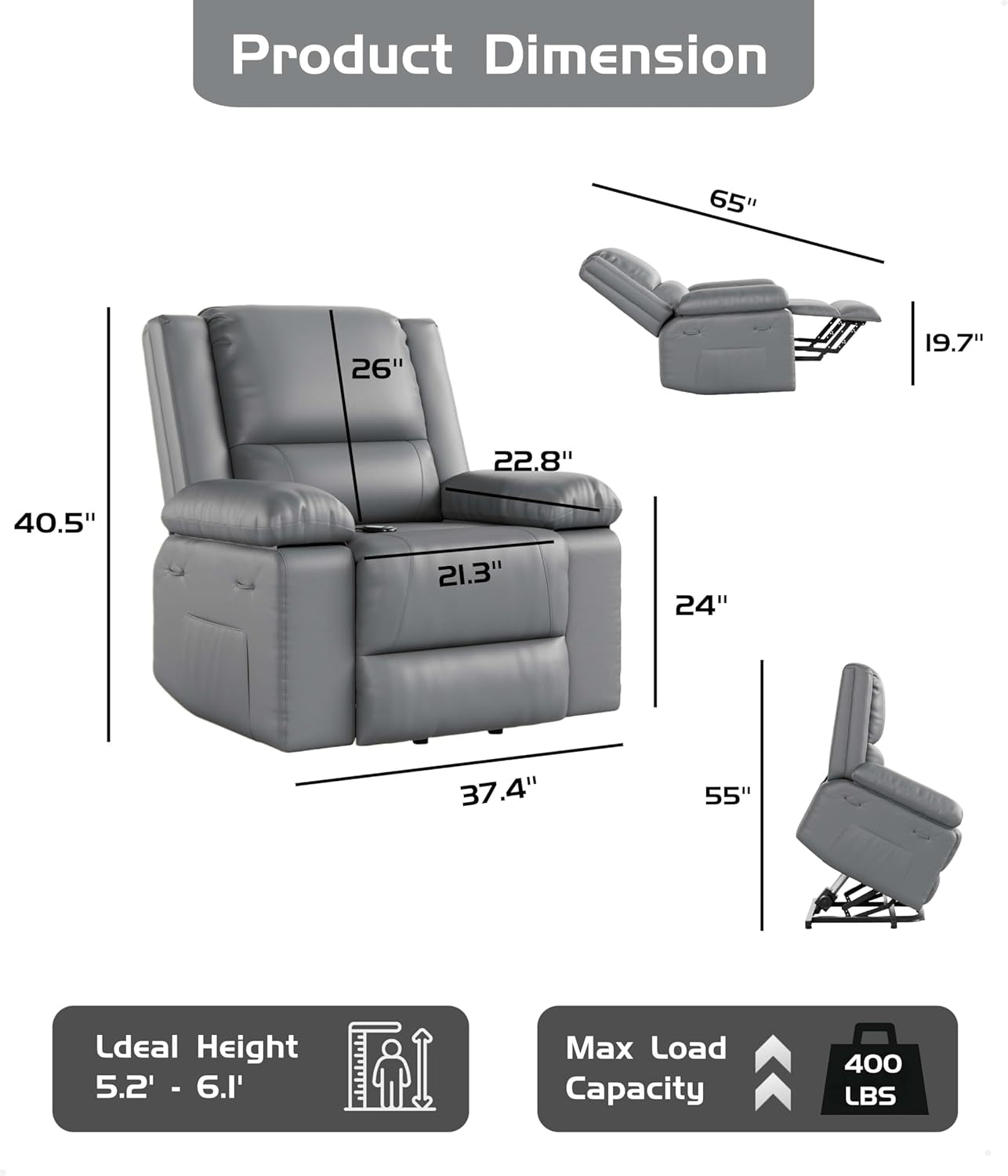 Power Lift Recliner Chair - Heat and Massage, Adjustable Back and Legs, PU Leather Electric Lift Chair Designed for the Elderly and People with Mobility Impaired-2