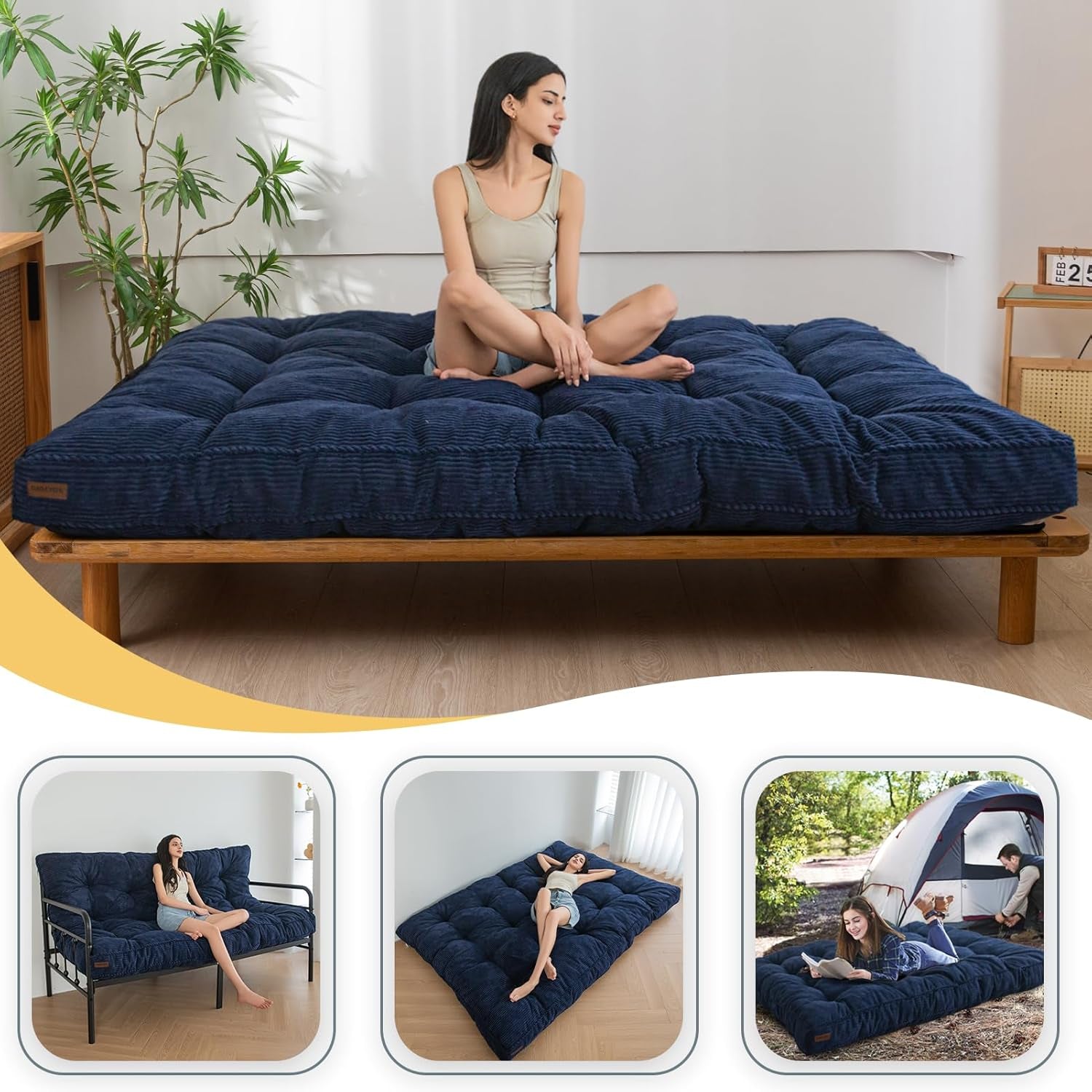 6" Futon Mattress Full Size, Tufted Futons Sofa Couch Bed, Extra Thick Floor Mattress for Adults, Shredded Foam Filling (Frame Not Included), Navy-2