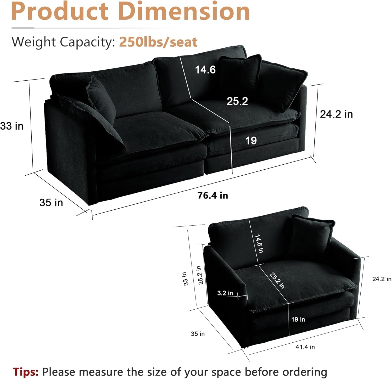 Luxury 2 Piece Loveseat Couch & Sofa Armchair Set, Modern Upholstered Chenille Cloud Couches Set Furniture with 5 Pillow for Living Room Bedroom Office Apartment, Black-1