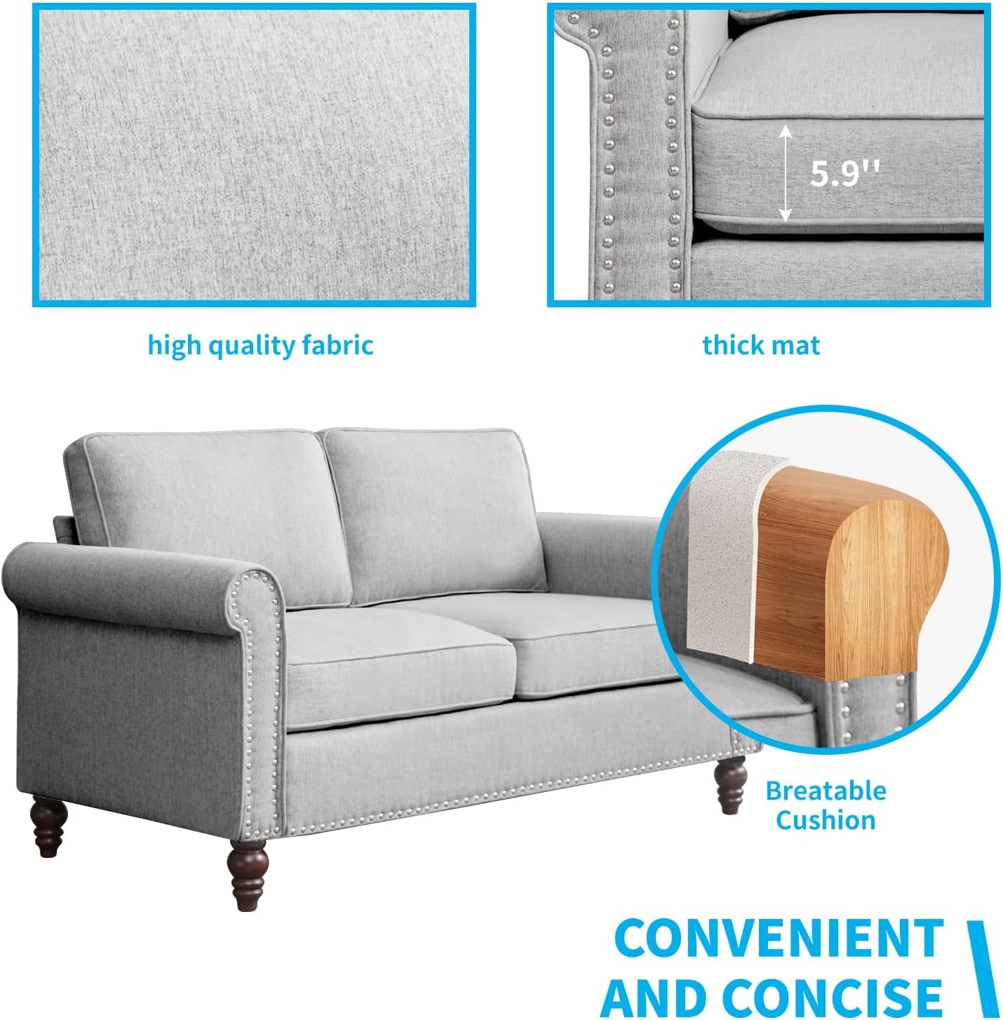 Living Room Couch Set, Small Sectional Sofa Couch, Includ Loveseat Armchair and 3 Seat Sofa, Mid-Century Riveted Accent Couches for Living Room, Wood Small Space Furniture Sets - Light Grey-2