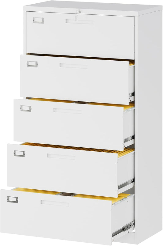 Lateral File Cabinet with 5 Drawers - White Metal Steel Filling Cabinets for Home Office - Lockable Storage Cabinet for Hanging Files Letter/Legal/F4/A4 Size-Assembly Required-0