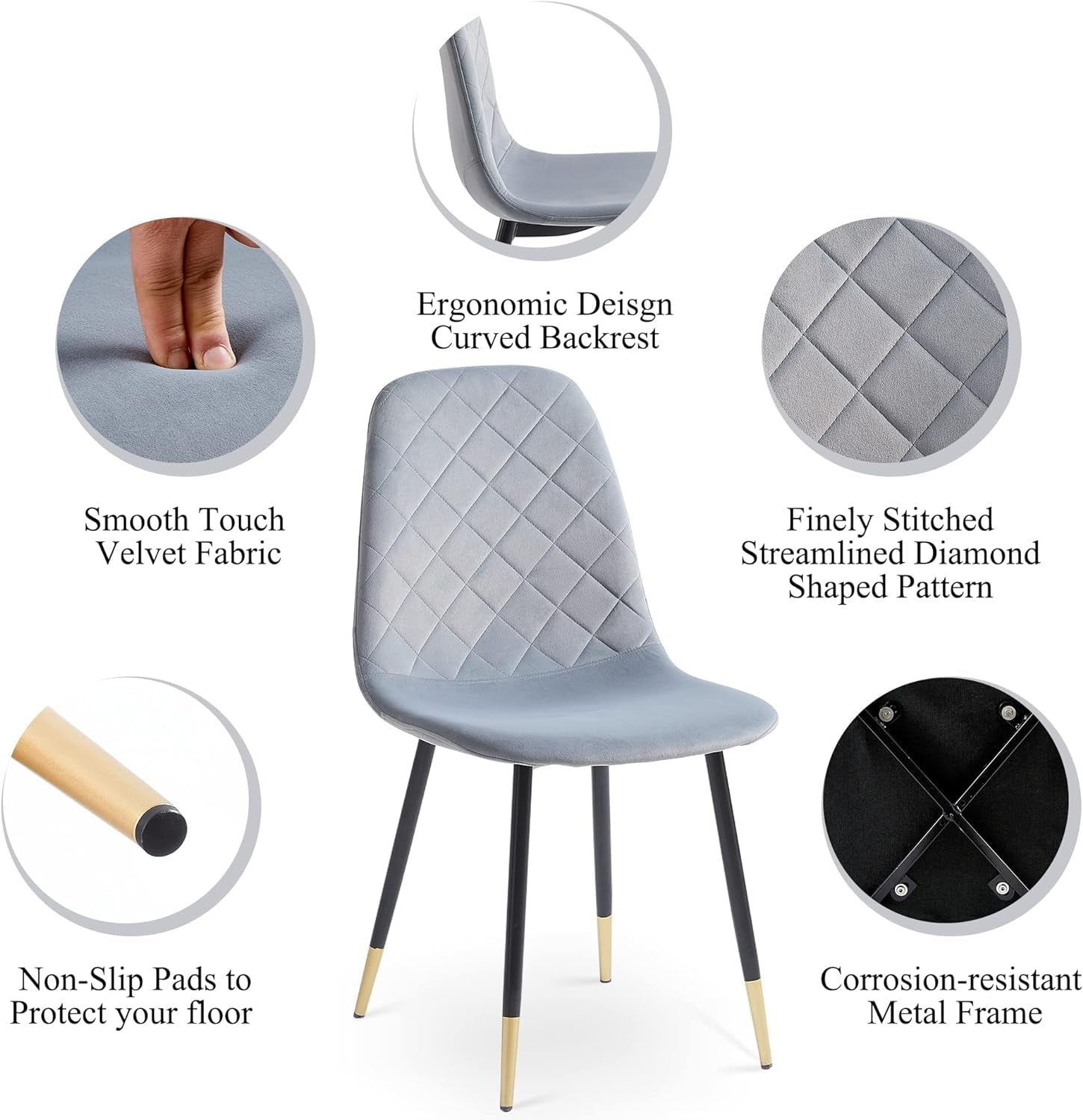 Velvet Dining Chairs Kitchen Plain Color Chair Upholstered Side Stools with Backrest Metal Legs Set of 4, Grey-2