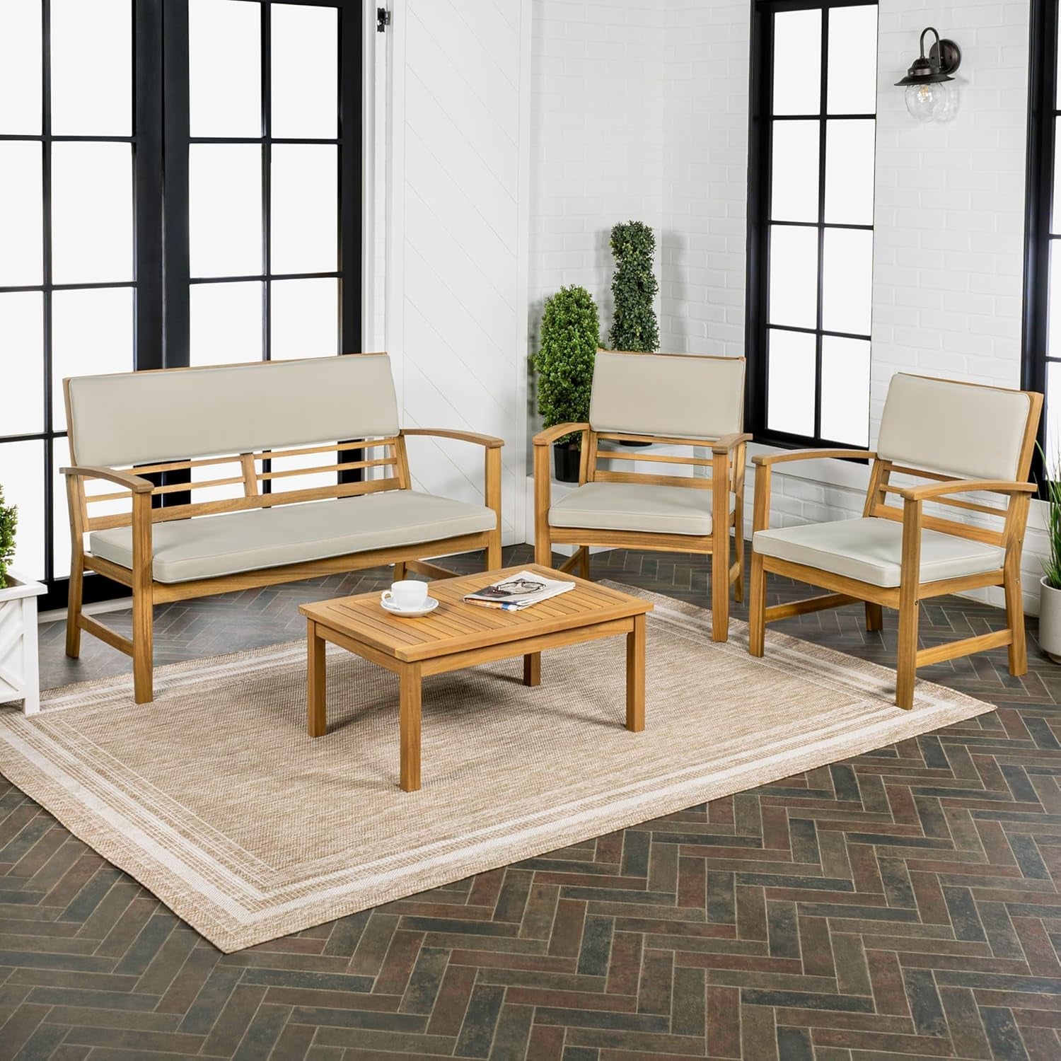 LVG1000A-4SET Barclay 4-Piece Modern Coastal Acacia Wood Conversation Outdoor Patio Set with Cushions Transitional, Classic, Traditional, Vintage, Mid-Century, Light Gray/Teak Brown-4