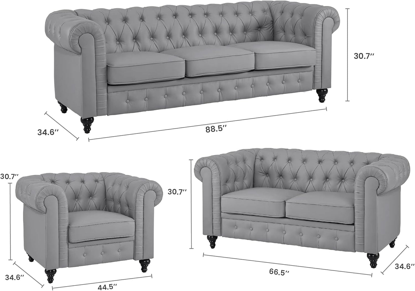 Emery Chesterfield 3 Piece Living Room Sectional Sofa Set with Rolled Arms, Tufted Cushion Sofas for Living Room Set Includes Sofa, Loveseat Couch, Accent Arm Chair / Easy Tool-Free Assembly – Gray-1
