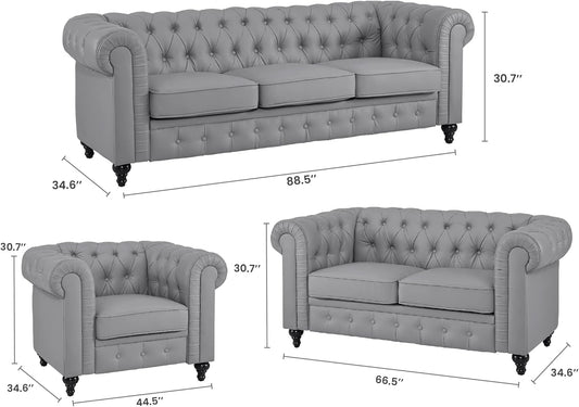 Emery Chesterfield 3 Piece Living Room Sectional Sofa Set with Rolled Arms, Tufted Cushion Sofas for Living Room Set Includes Sofa, Loveseat Couch, Accent Arm Chair / Easy Tool-Free Assembly – Gray-1
