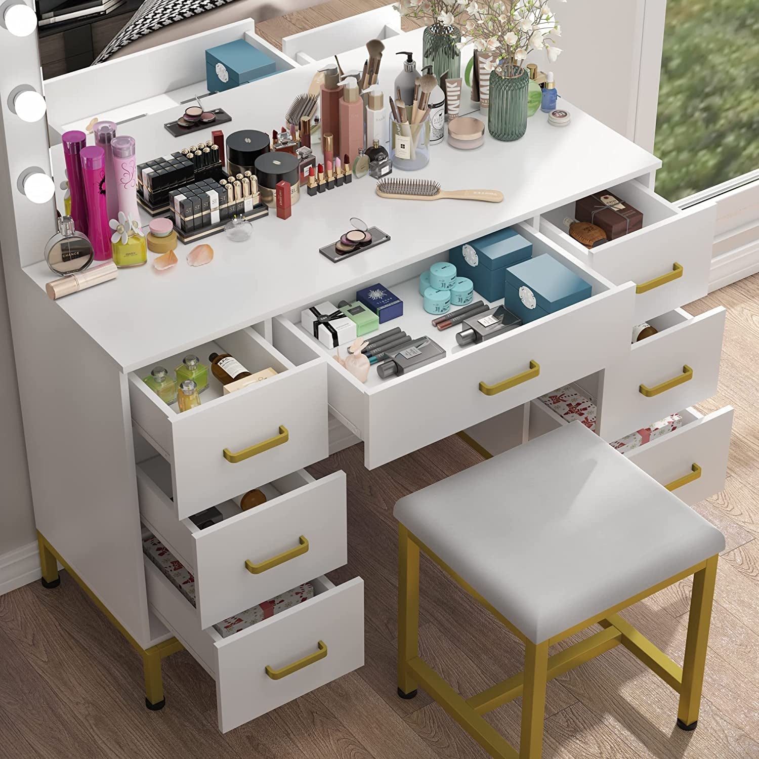 White Vanity Desk Set with Lighted Mirror-4