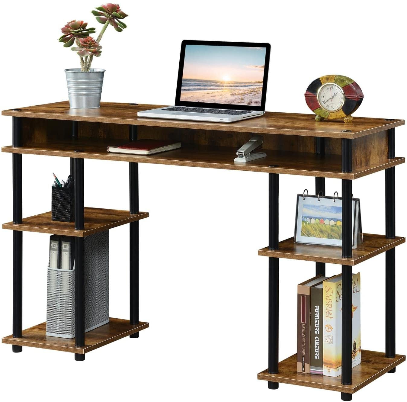Barnwood/Black Student Desk with Shelves, No Tools-3