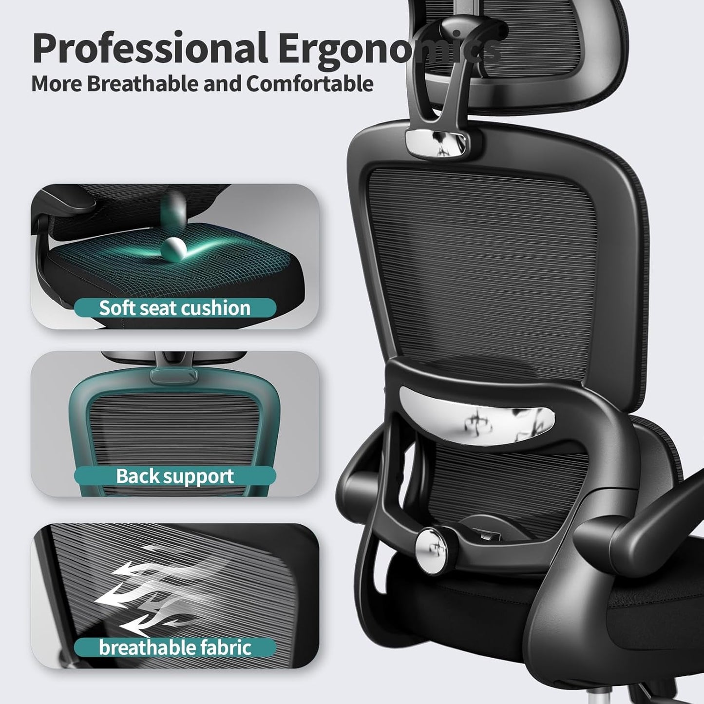 Office Chair Ergonomic Desk Chair, 330 LBS Home Mesh Office Desk Chairs with Wheels, Comfortable Gaming Chair, High Back Office Chair for Long Hours (Black)-2