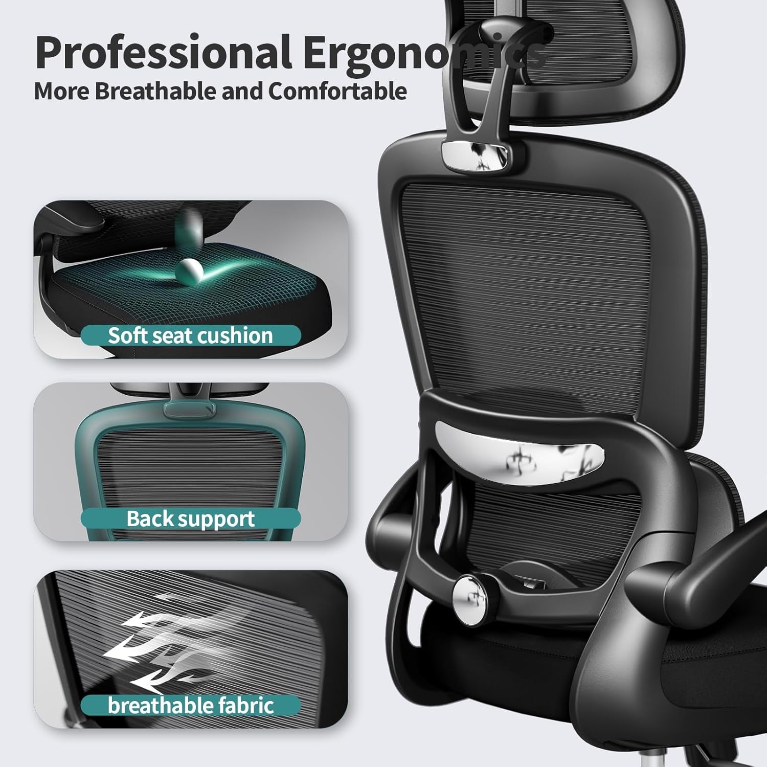 Office Chair Ergonomic Desk Chair, 330 LBS Home Mesh Office Desk Chairs with Wheels, Comfortable Gaming Chair, High Back Office Chair for Long Hours (Black)-2