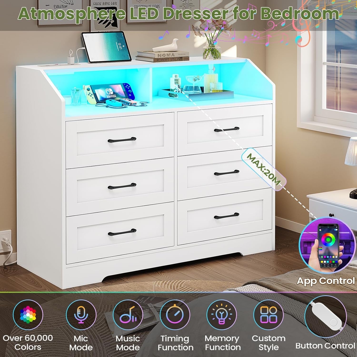 White Dresser for Bedroom with LED Lights and Charging Station, Modern Wood 6 Drawers Storage Tower Clothes Organizer, Large Capacity Chest of Drawers Storage Cabinet for Bedroom, Living Room-4