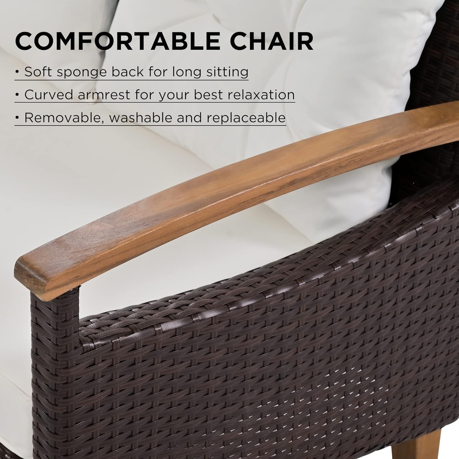 Patio Furniture Sets 4 Pieces, All Weather Outdoor PE Rattan Sofa with Wood Table and Legs, for Lawn, Backyard, Poolside or Garden, Beige-2