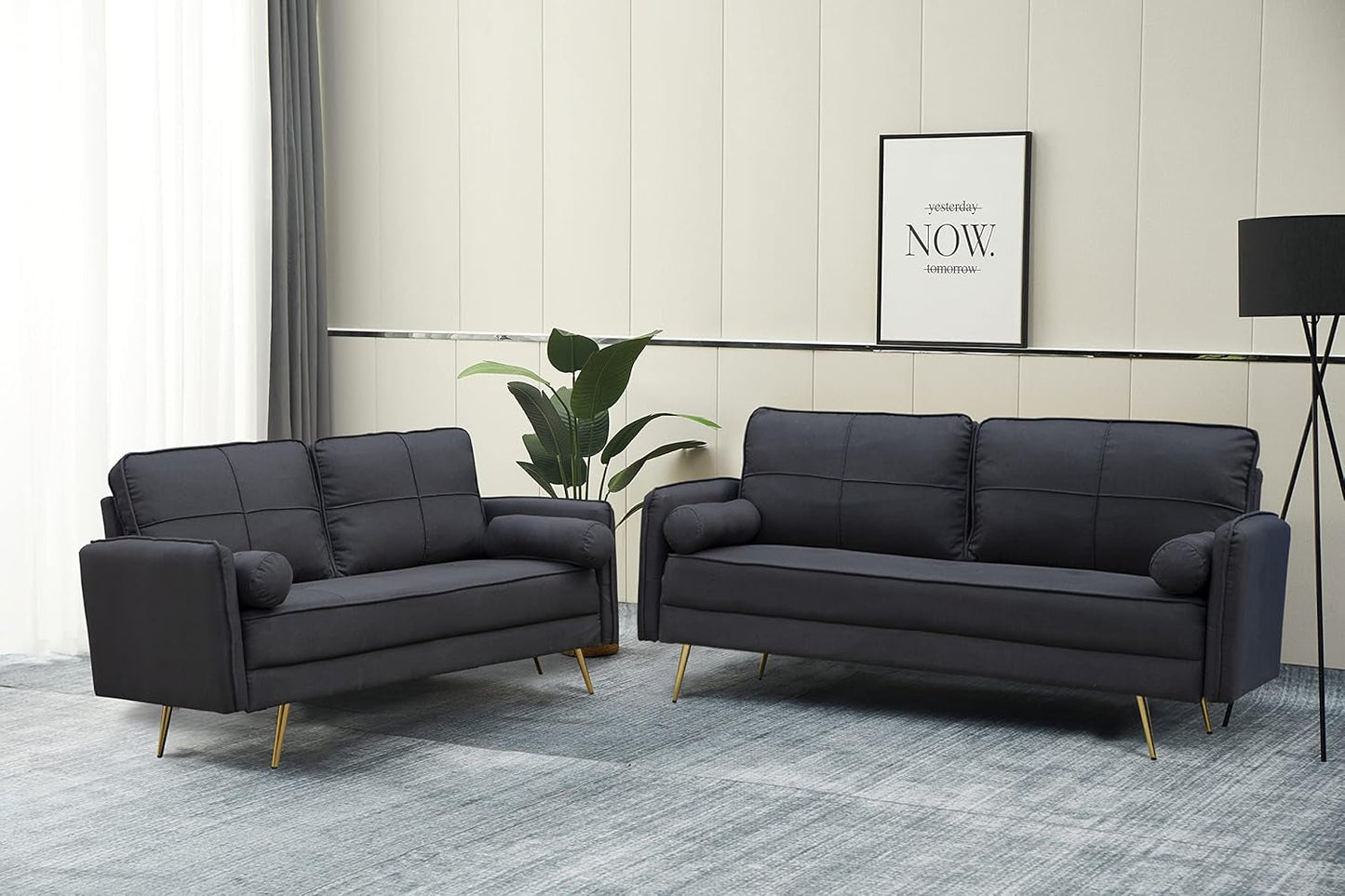 Modern 2 Piece Sofa Set Velvet Loveseat & Sofa Set Tufted Loveseat & Couch Set Upholstered Living Room Furniture Set with Bolsters & Metal Legs for Living Room,Bedroom,Dorm - Black-3