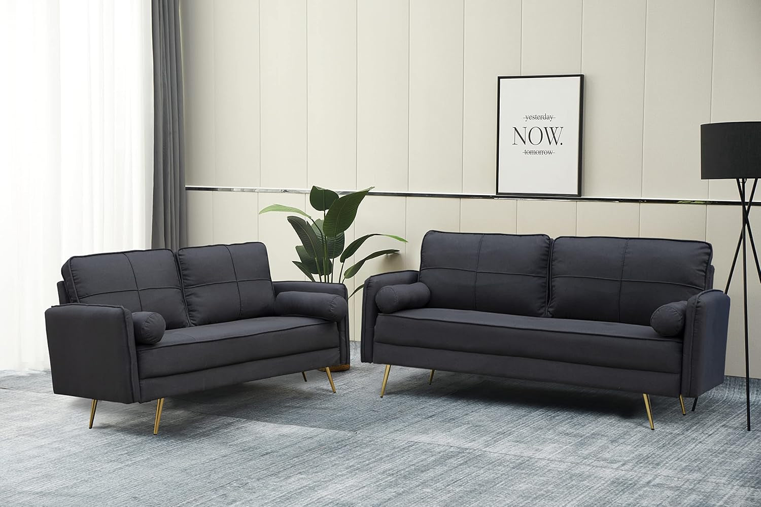Modern 2 Piece Sofa Set Velvet Loveseat & Sofa Set Tufted Loveseat & Couch Set Upholstered Living Room Furniture Set with Bolsters & Metal Legs for Living Room,Bedroom,Dorm - Black-3
