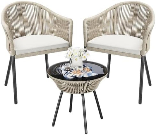 3 Piece Patio Set Outdoor Wicker Patio Chairs with Coffee Table & Cushions Bistro Conversation Set Porch Furniture for Patio, Balcony, Deck, Backyard-0