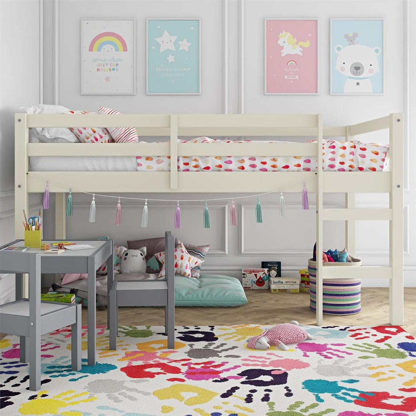DHP Milton Twin Loft Bed, White, Traditional Small Space Junior Size, Horizontal Paneling, Sturdy Wood Construction-1