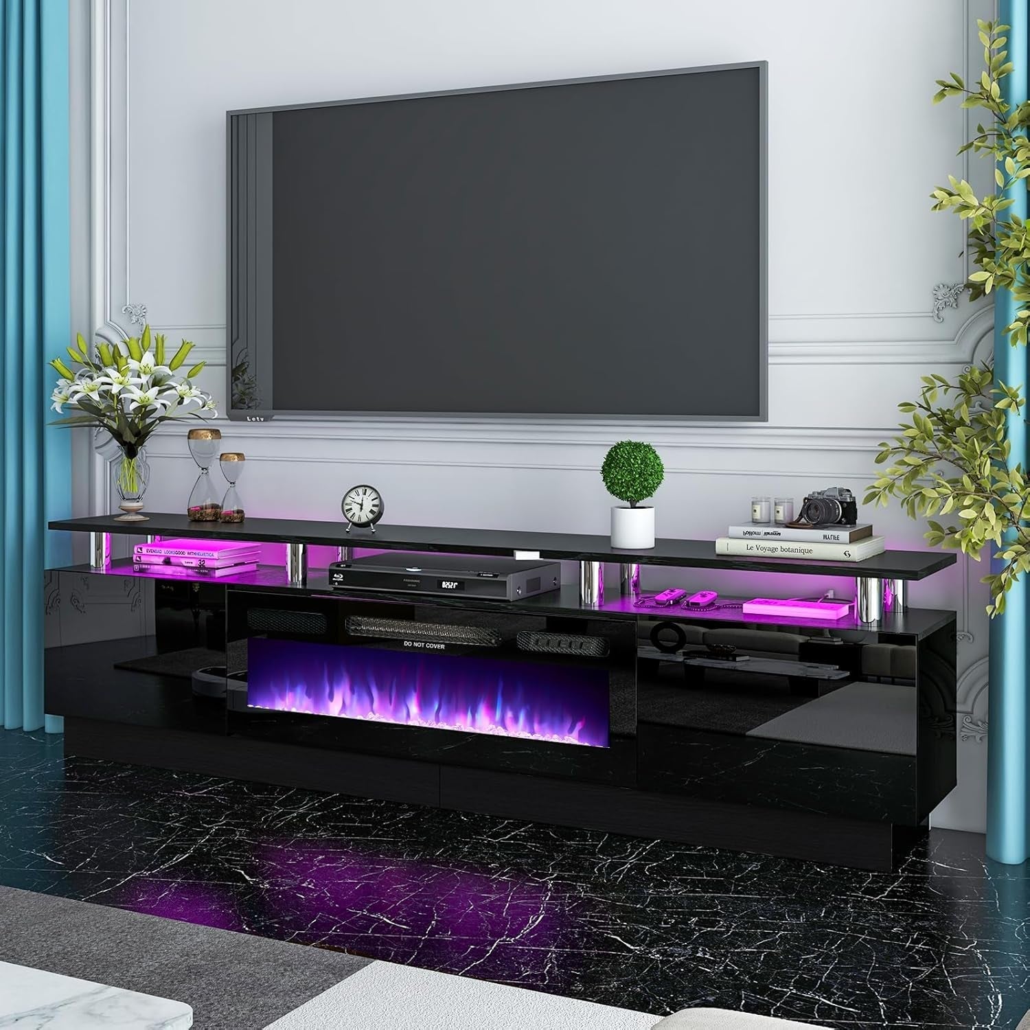 80" Modern Electric Fireplace TV Stand for Tvs up to 90 Inch, with Electronic Flame and LED Lights, Luxury High Gloss Finish Entertainment Center, TV Console Cabinet for Living Room, Black-1