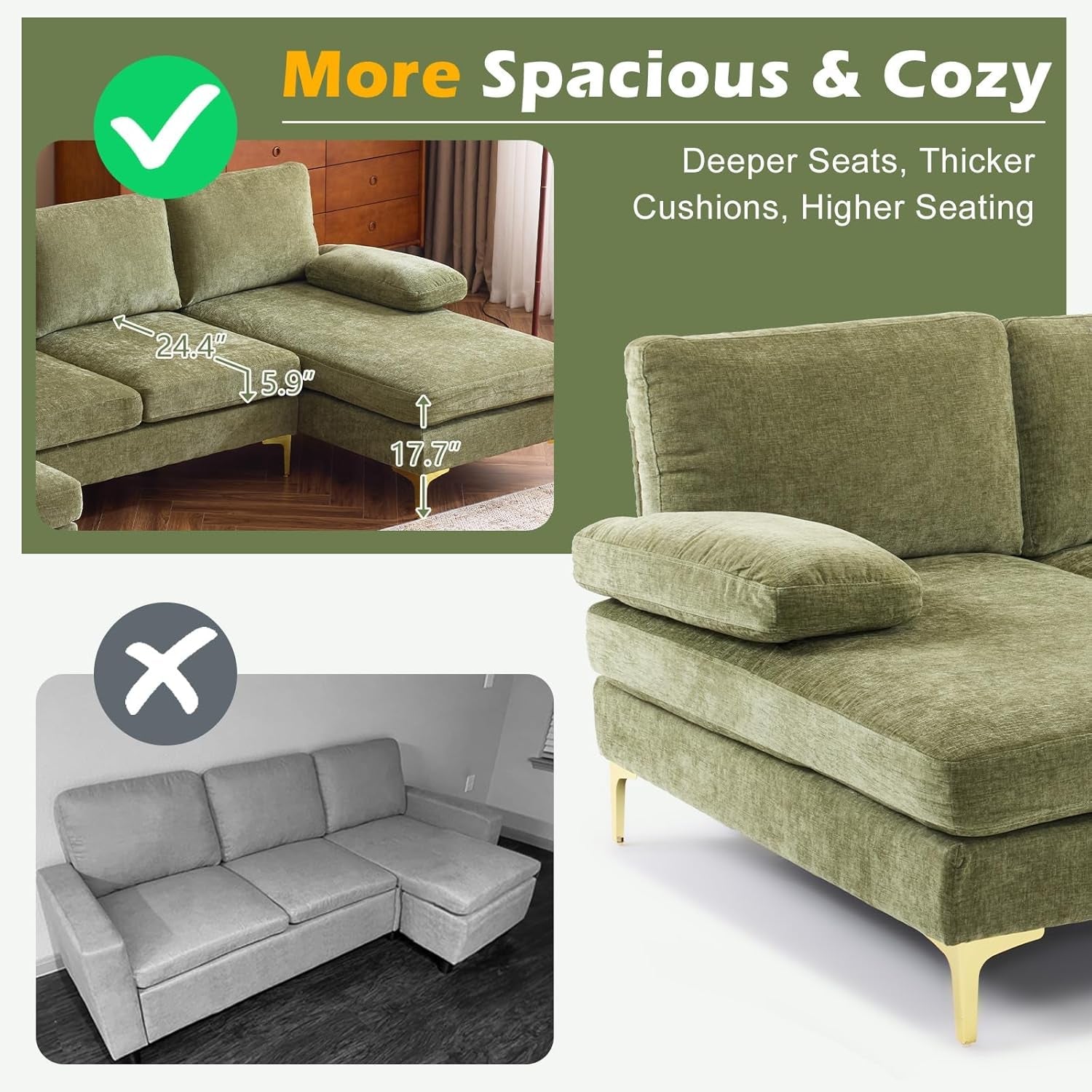 Olive Green 110" U-Shape Sectional Couch Double Chaise-4