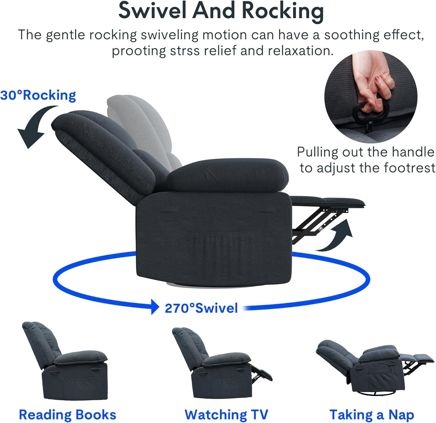 XRC2 Rocker Recliner Chair for Adults - Massage Rocker Recliner Chair W/Heat & Vibration, 270° Swivel Manual Rocking Chair Single Sofa for Living Room Bedroom(Grey)-3