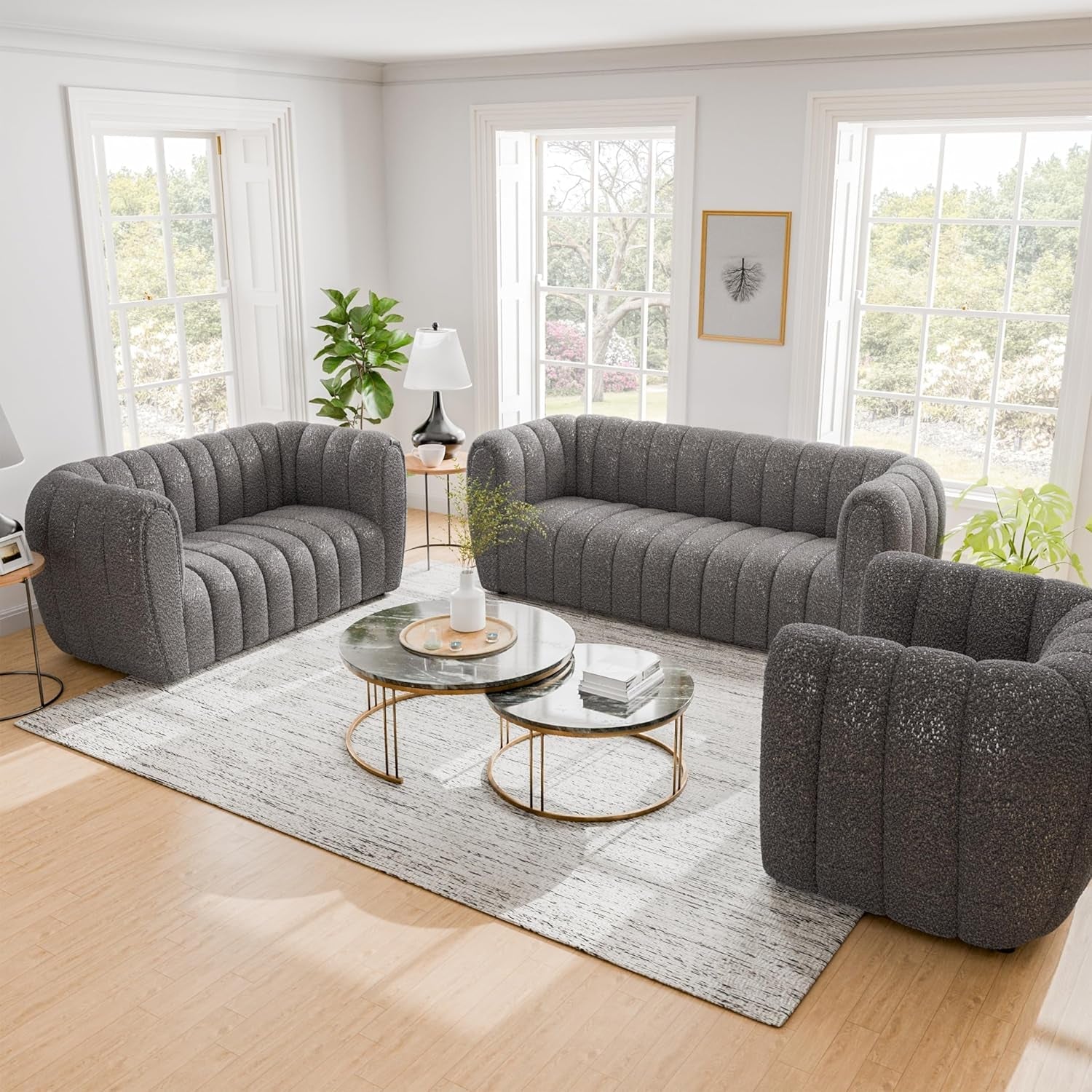 Glamour Contemporary Vertical Channel Tufted Boucle 3-Piece Sofa Set with Wooden Legs for Living Room, Home Office, Bedroom, Charcoal Gray-1