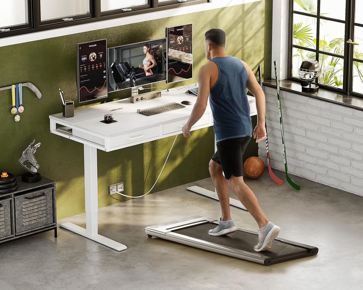 Electric Standing Desk with Drawers, 55 Inch Height Adjustable Desk with Power Outlets, Sit Stand Table, Writing Computer Desk for Home, Office, Workstation, White-1