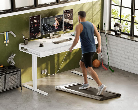 Electric Standing Desk with Drawers, 55 Inch Height Adjustable Desk with Power Outlets, Sit Stand Table, Writing Computer Desk for Home, Office, Workstation, White-1