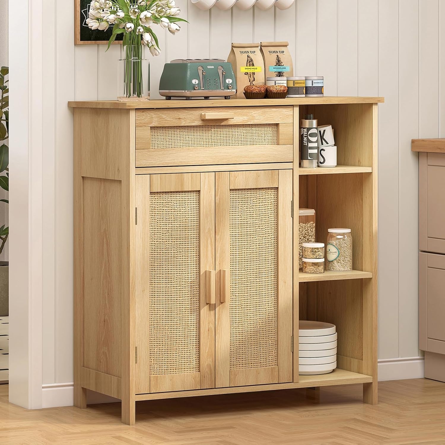 Natural Rattan Boho Storage Cabinet with Adjustable Shelves-3