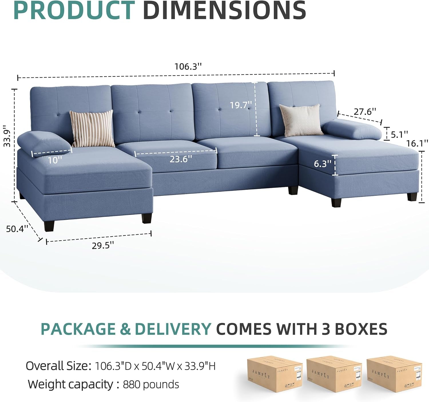 Sectional Sofa Couches for Living Room, U Shaped Sofa Living Room Furniture Sets, 4 Seat U Shaped Sofa Sectional Couch with Chaise, Blue-1
