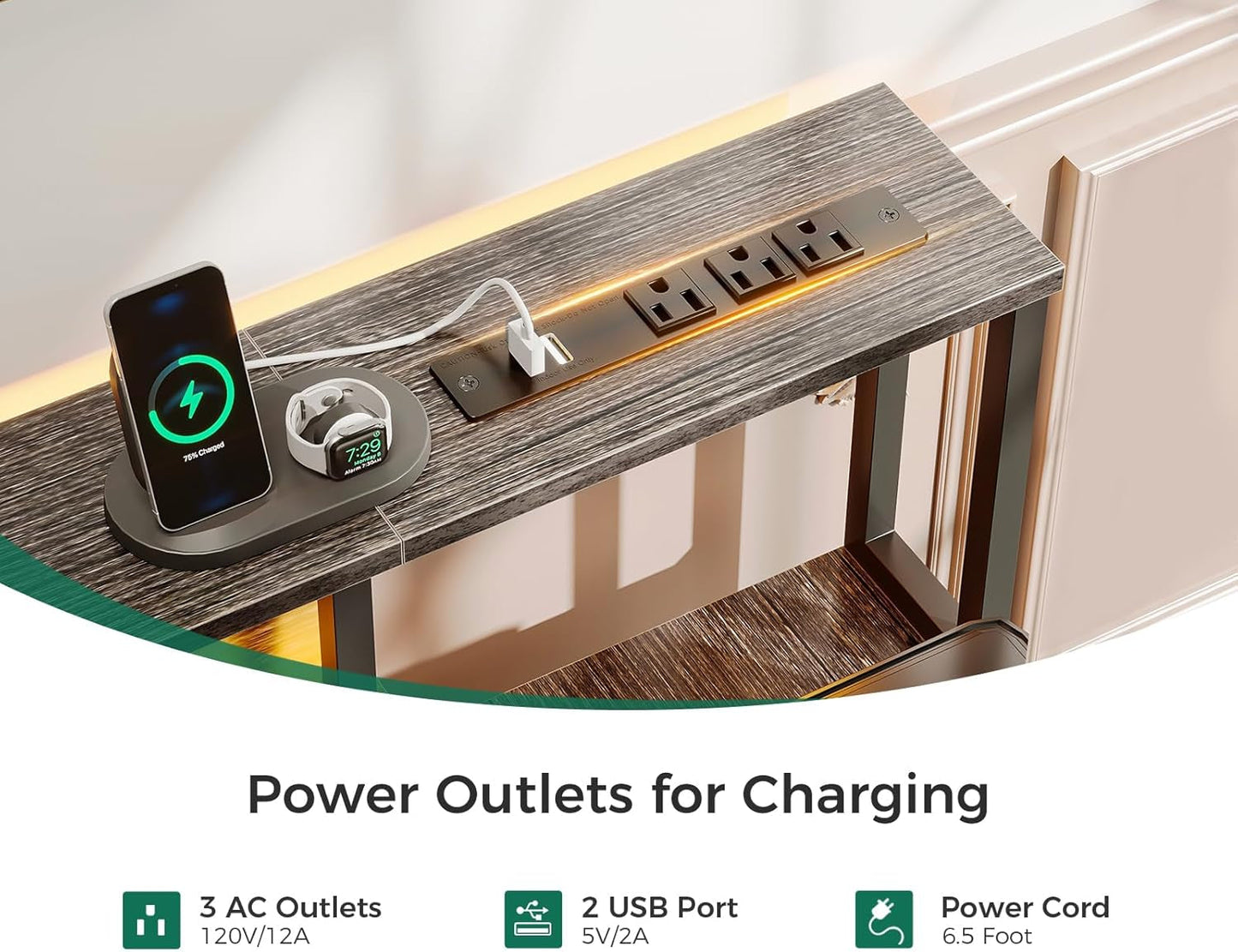 48-Inch Computer Desk with Fabric File Cabinet and Fabric Drawers, Reversible Office Desk with LED Strip and Power Strip, Gaming Desk with Monitor Riser, Writing/Study Table for Home, Oak Grey-3