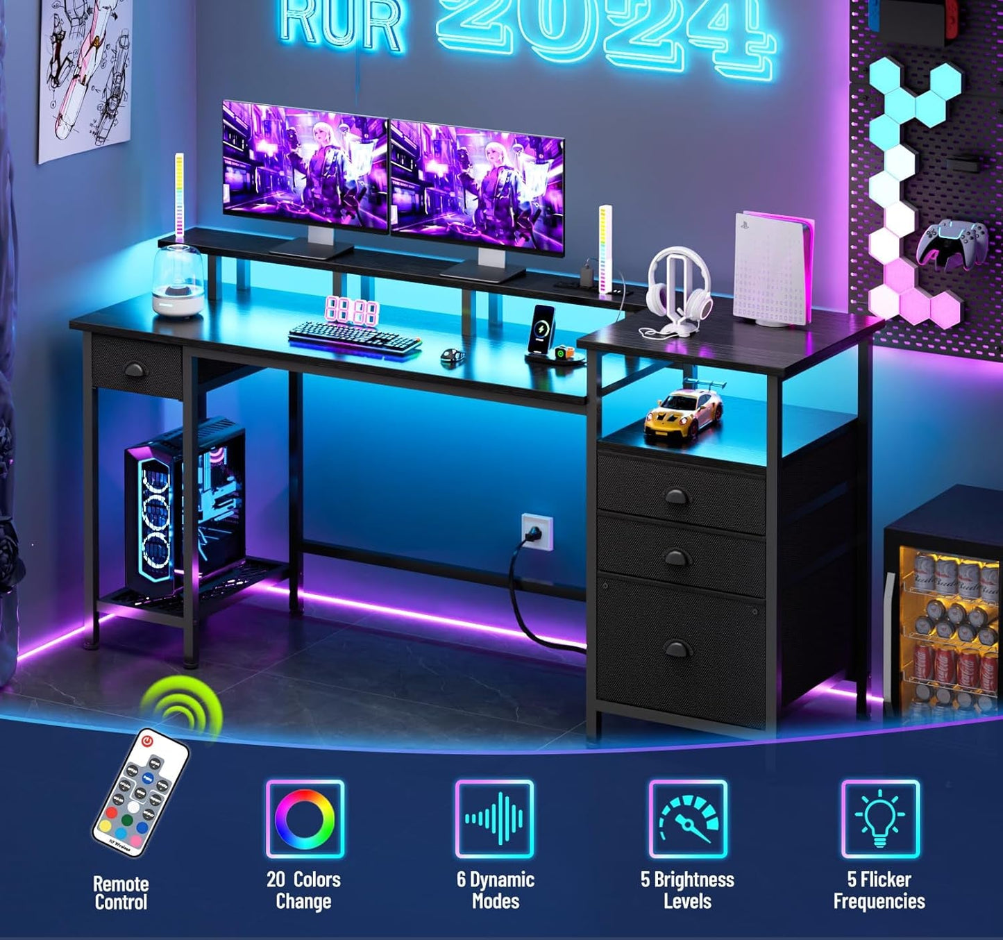 Black Computer Desk with 4 Drawers, 60" Long Office Desk with Fabric File Cabinet and Power Outlets, Gaming Desk with LED Lights, Study Writing Work Desk for Home Office-3