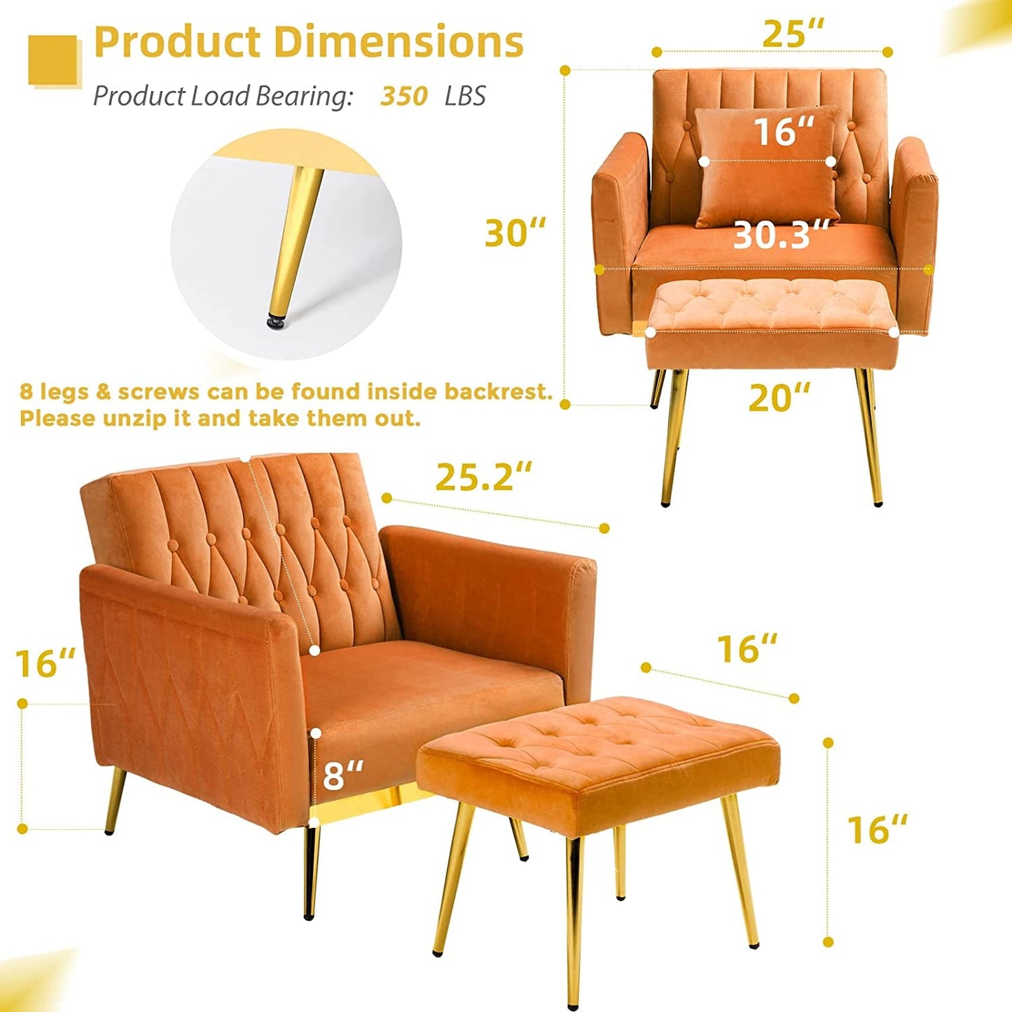Velvet Accent Chair with Adjustable Armrests, Orange-2