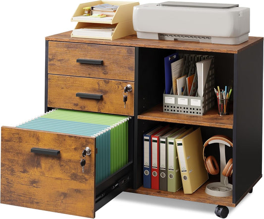 3-Drawer Wood File Cabinet with Lock, Mobile Lateral Filing Cabinet, Printer Stand with Open Storage Shelves for Home Office, Rustic Brown-0