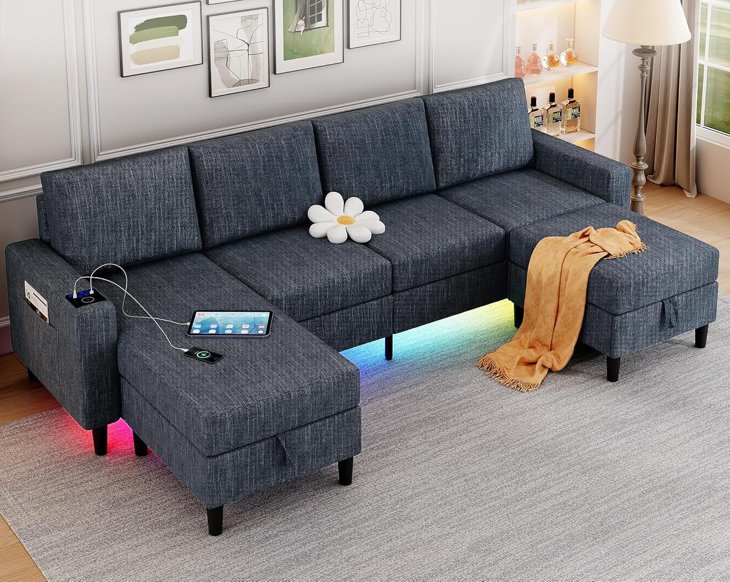 Sectional Couches for Living Room, 4 Seat Linen Sectional Sofa with Reversible Chaise Lounge/Storage Ottoman, U Shaped Couch with Smart Module-Wireless Charging/Usb/Type-C/Rgb Light (Blue)-0