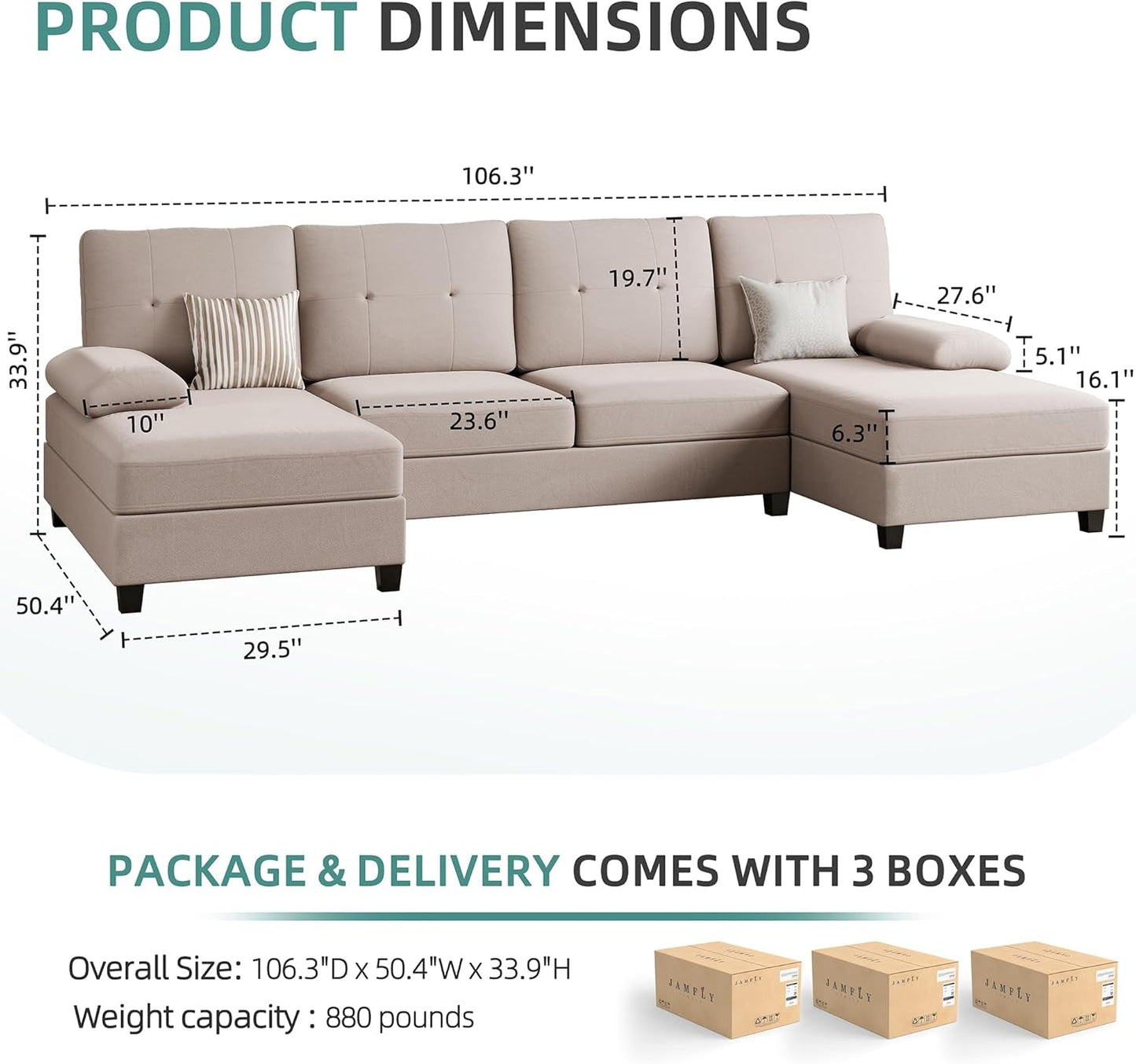 Sectional Sofa Couches for Living Room, U Shaped Sofa Living Room Furniture Sets, 4 Seat U Shaped Sofa Sectional Couch with Chaise, Dark Beige-1