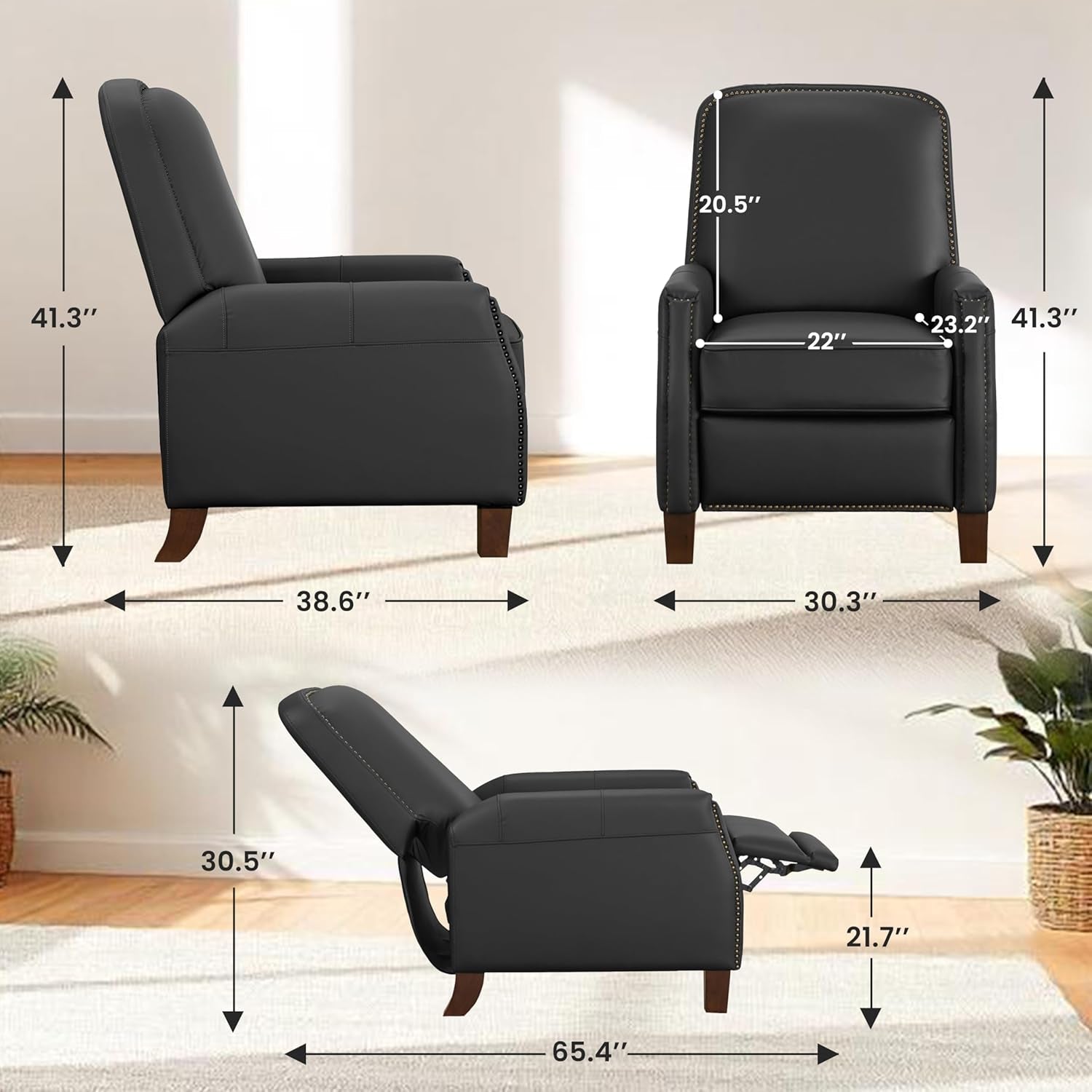 Mid-Century Faux Leather Pushback Recliner Brass Trim-2