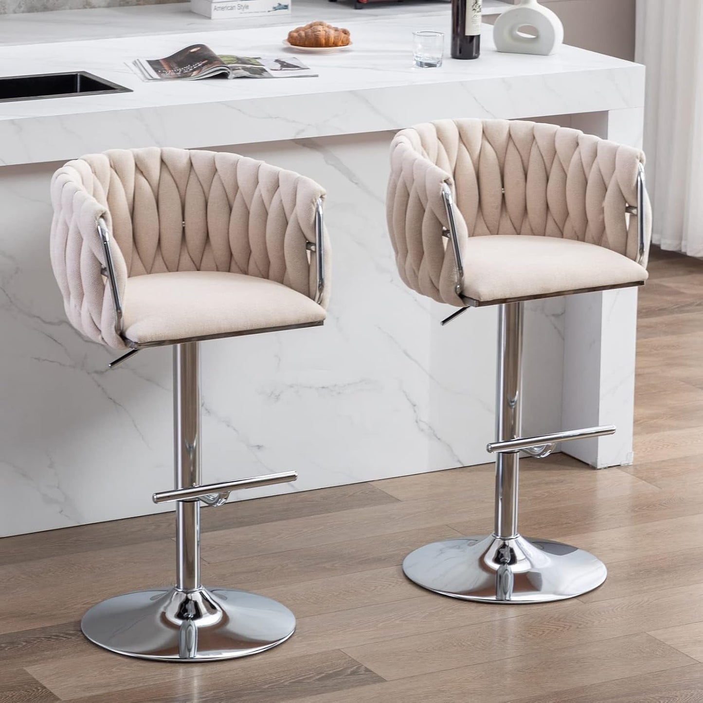 Modern Swivel Bar Stools Set of 2, Linen Fabric Adjustable Height Barstool with Barrel Back Kitchen Island Counter Bar Chair with Chrome Base, Beige-0