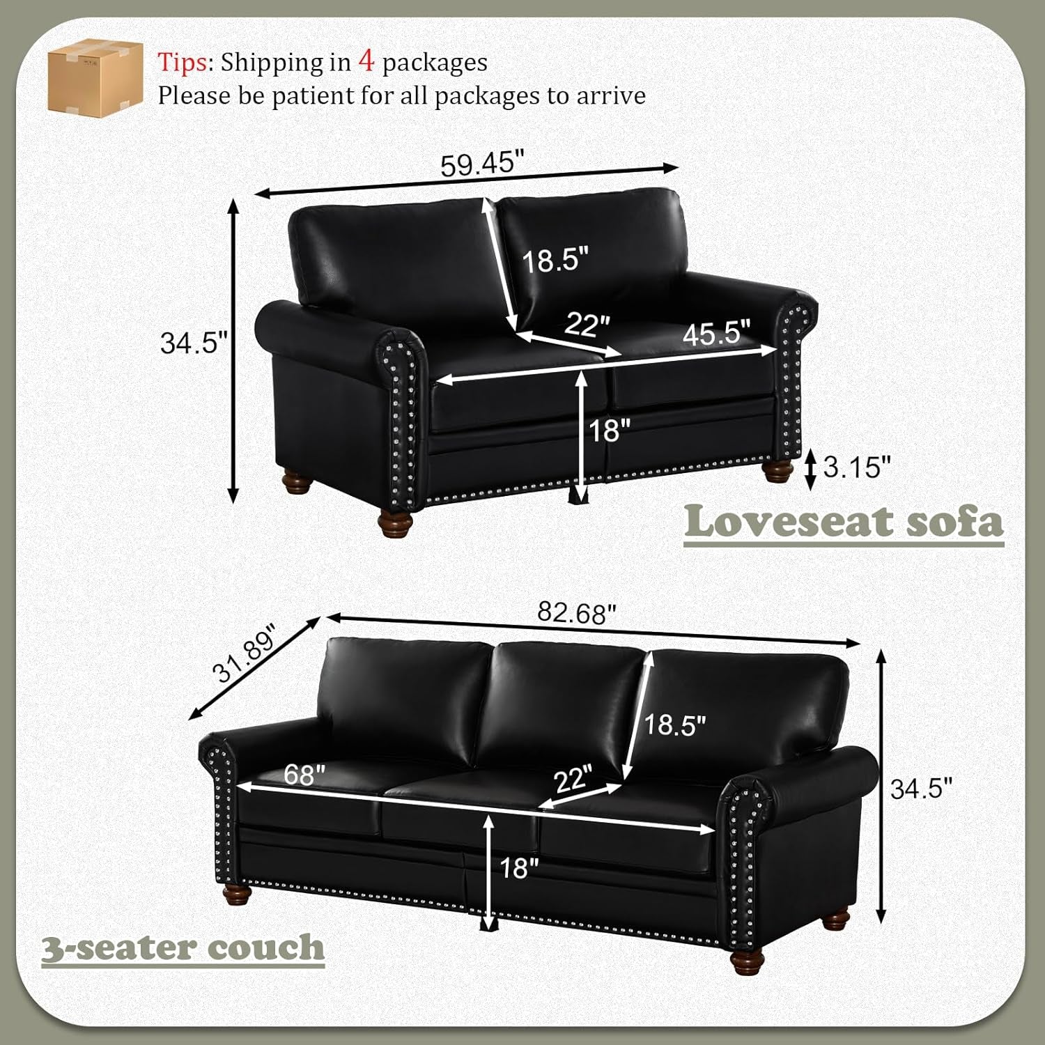 2-Piece Comfy Upholstered PU Leather Sofa Couch Set, Mid-Century Modern Loveseat Sofa+3 Seater Couch with Storage Space for Living Room, Furniture Set, Black-1