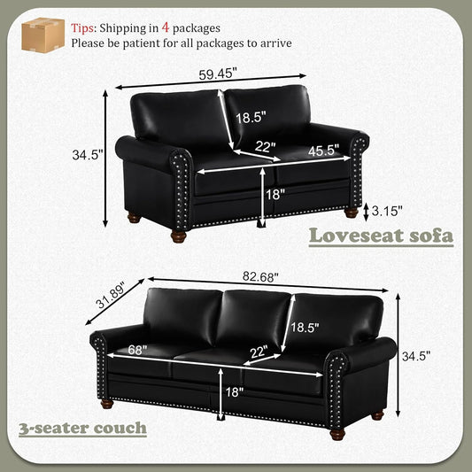 2-Piece Comfy Upholstered PU Leather Sofa Couch Set, Mid-Century Modern Loveseat Sofa+3 Seater Couch with Storage Space for Living Room, Furniture Set, Black-1