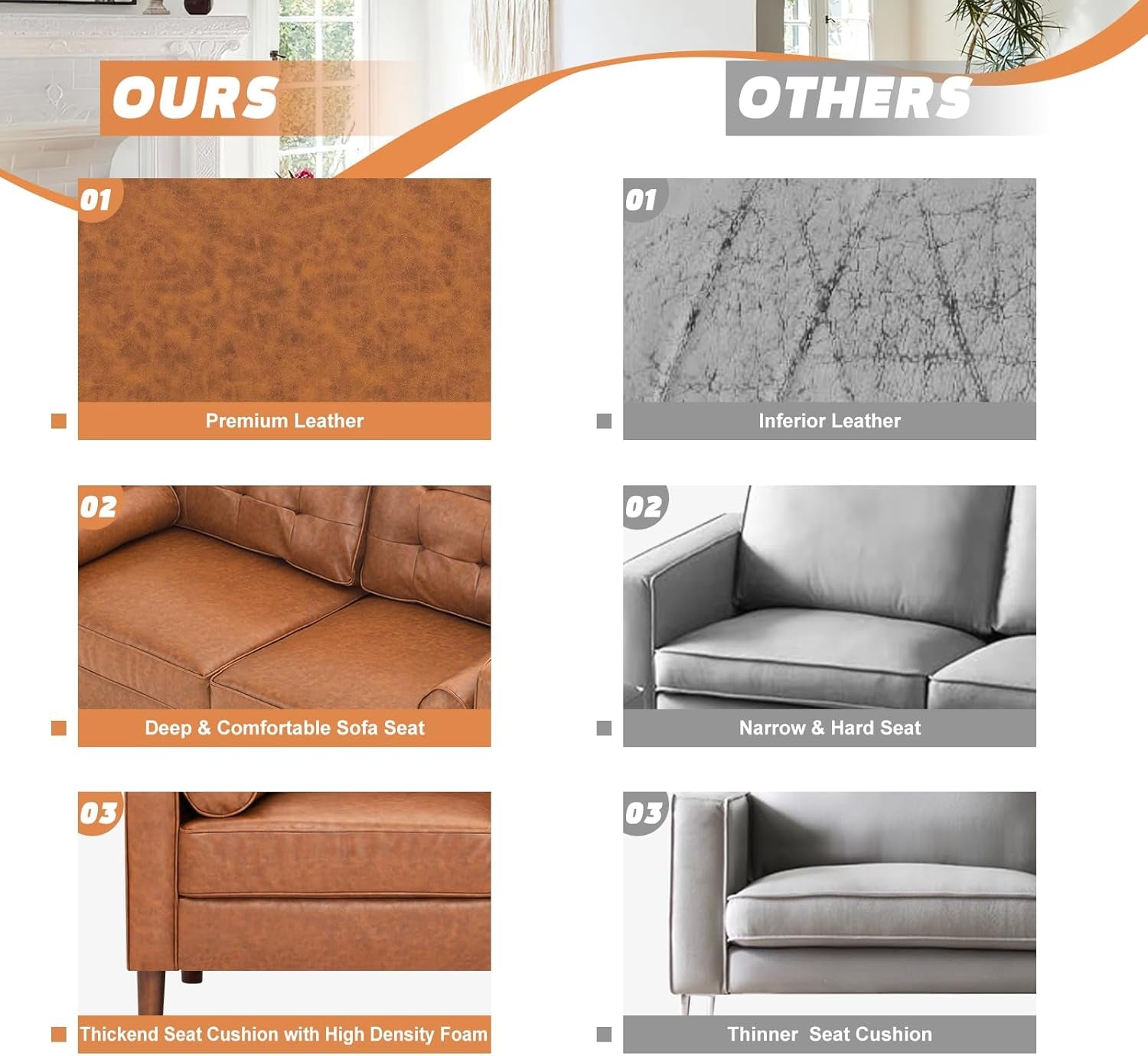 2 Pieces Faux Leather Couch Set, Upholstered 3 Seat & Loveseat Sofa with Bolster Pillows, Mid Century Modern Couch Set with Wooden Legs for Living Room, Bedroom, Office. Brown-4