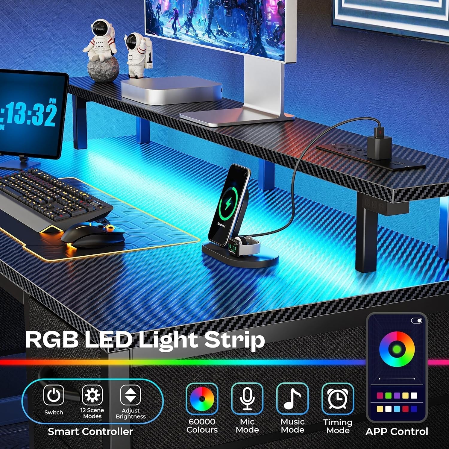 47 Inch Computer Desk with 4 Drawers, Gaming Desk with LED Lights & Power Outlets, Home Office Desk with Large Storage Space for Bedroom, Work from Home, Carbon Fibre Black-2