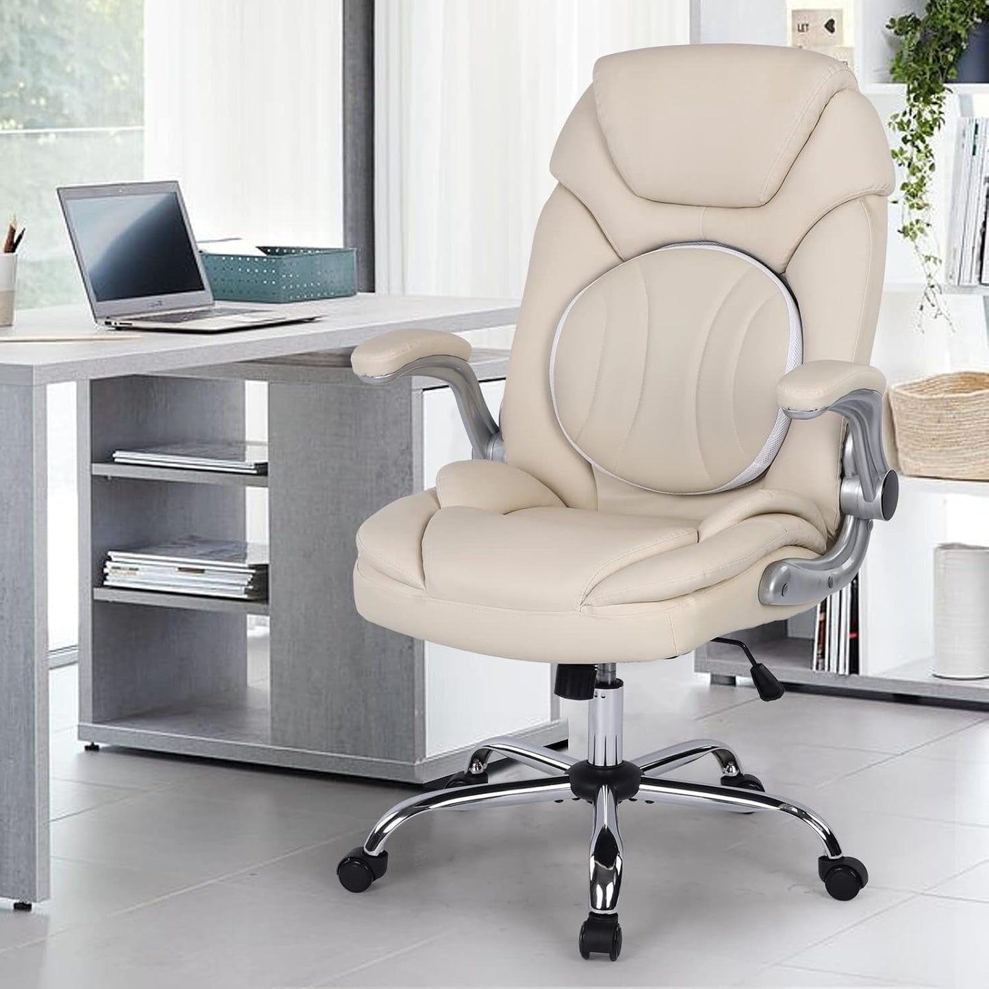 Modern Executive Office Chairs with Lumbar Support90-120 Degree Rocking Managerial Chairergonomic PU Leatherhomeofficedeskchairs with Wheels,Flip-Up Arms & Back Support(White)Medium(300Lbs)-1