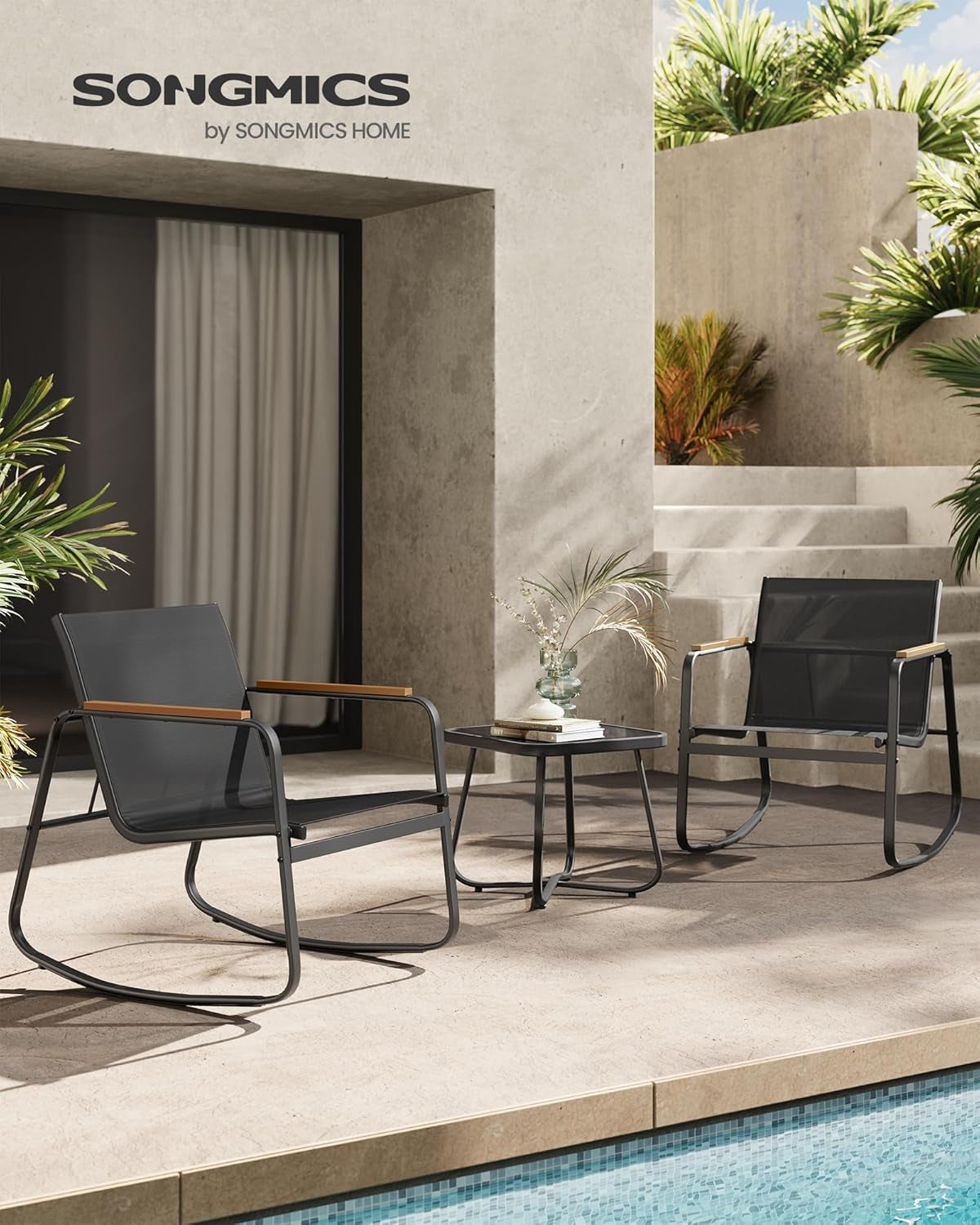 3-Piece Patio Furniture Set, Garden Coversation Set, 2 Rocking Chairs, Table, Outdoor Lawn Backyard, Steel, with Armrests, Breathable Synthetic Fabric, Ink Black UGGF0027B01-1