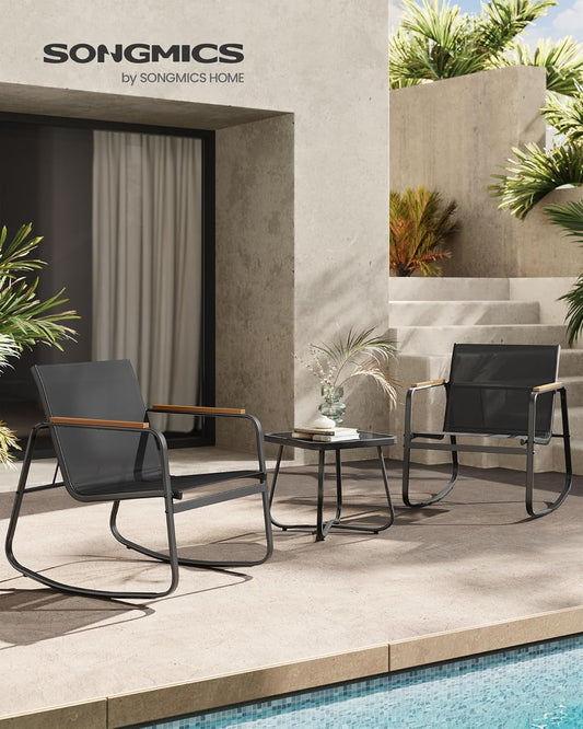 3-Piece Patio Furniture Set, Garden Coversation Set, 2 Rocking Chairs, Table, Outdoor Lawn Backyard, Steel, with Armrests, Breathable Synthetic Fabric, Ink Black UGGF0027B01-1
