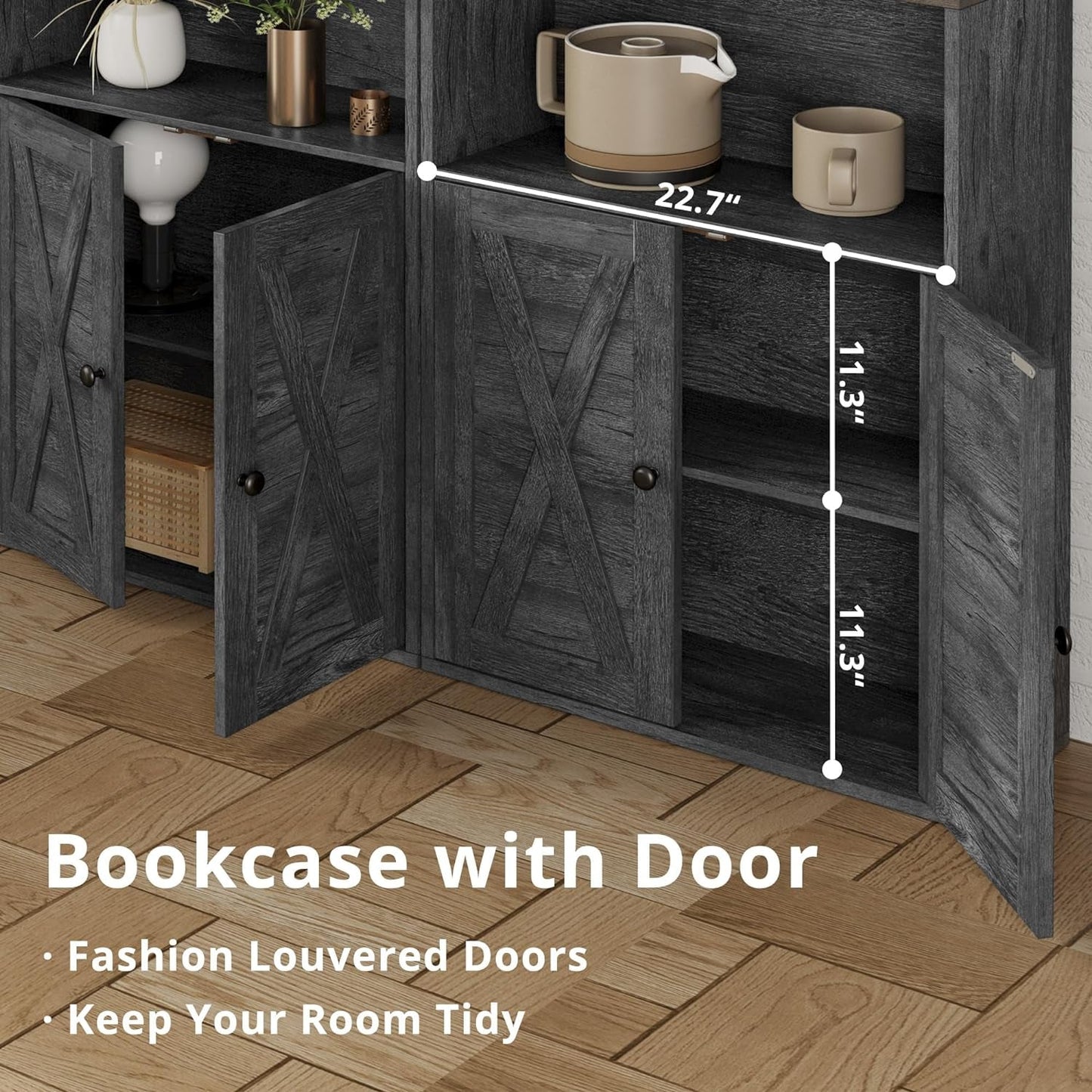 Industrial Bookshelves and Bookcases with Doors 11.8 in Depth Floor Standing 5 Shelf Display Storage Shelves Bookcase Home Decor Furniture for Home, Office, Living Room, Bedroom-4