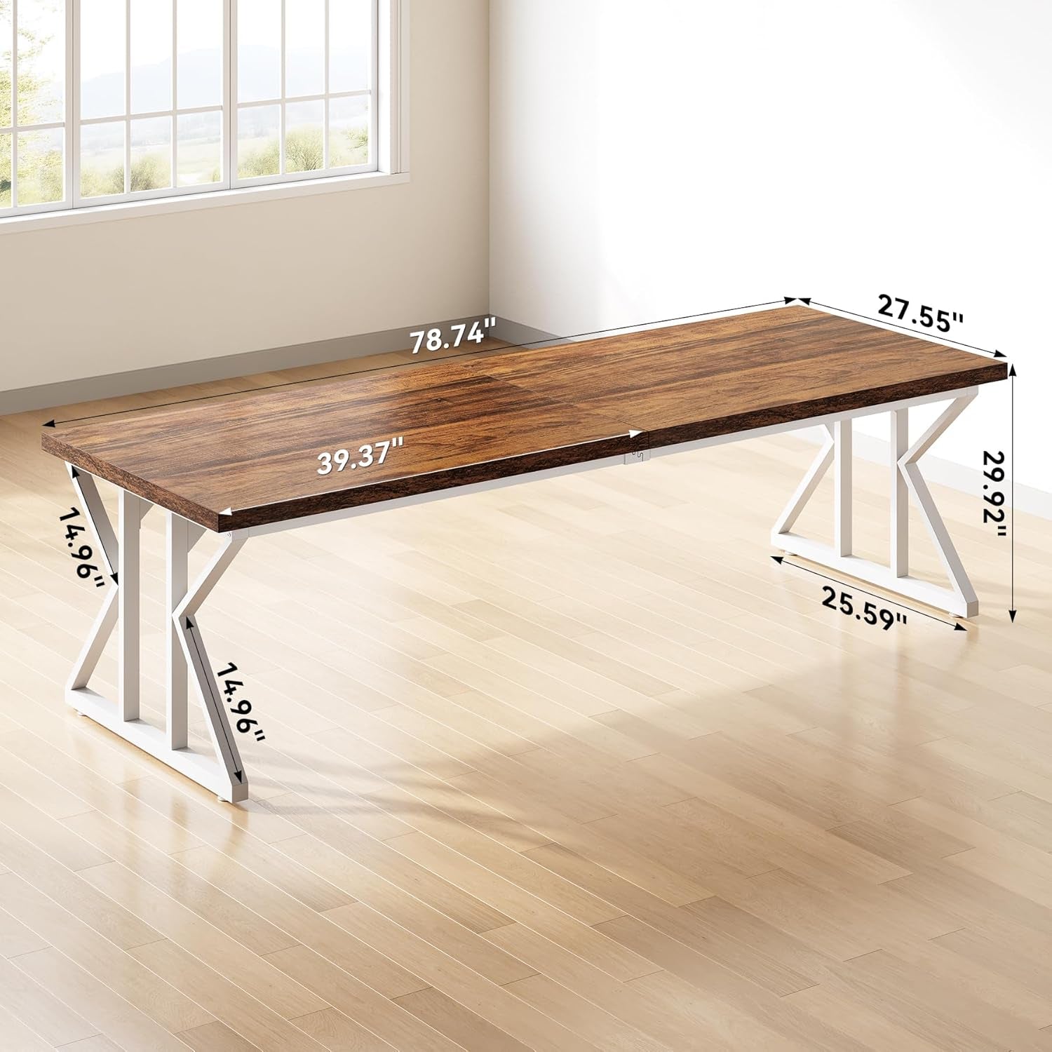 78.7 Inch Large Executive Desk, Modern Computer Office Desk, Wooden Writing Desk Study Table for Home Office, Rustic Brown-White-2