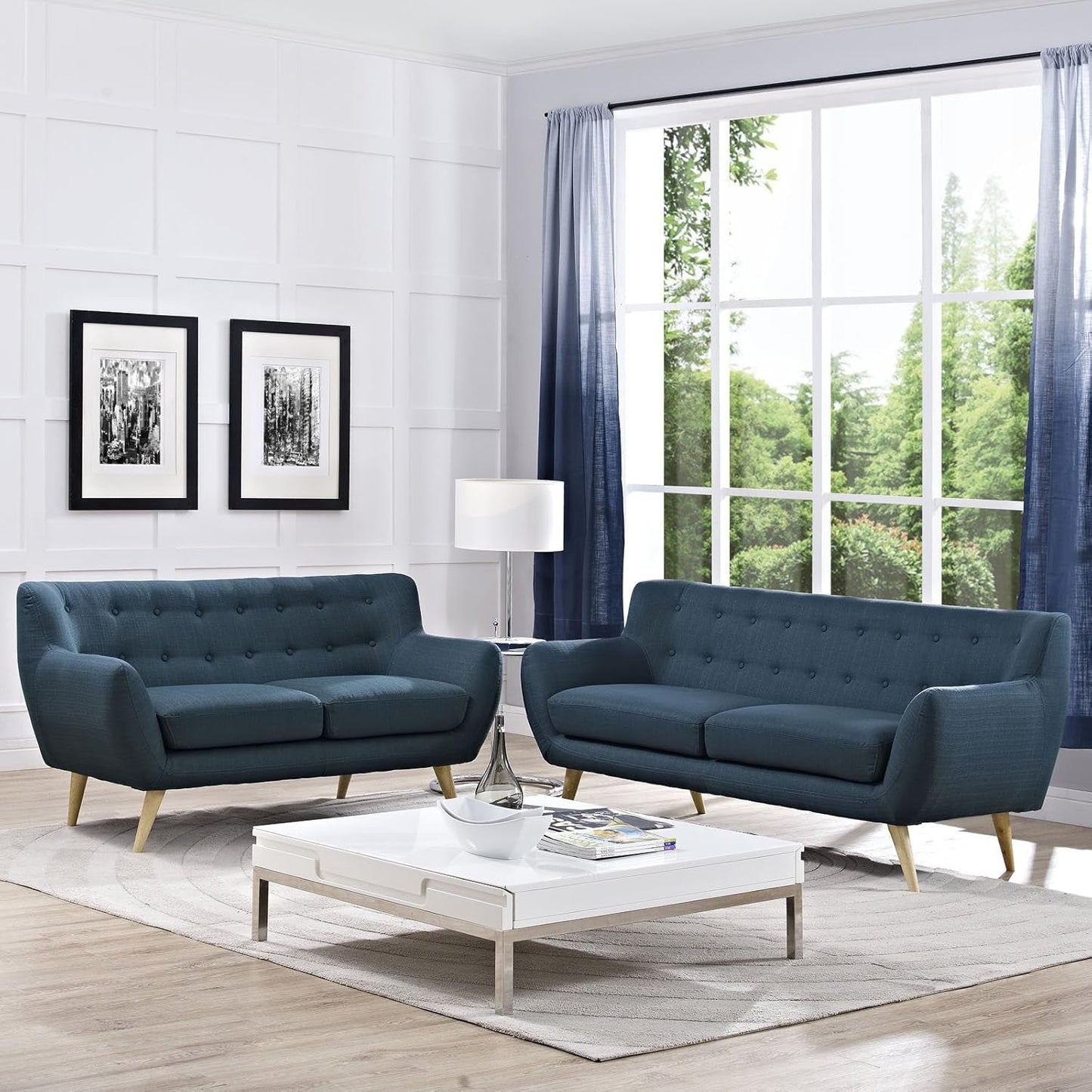Remark Mid-Century Modern Upholstered Fabric Living Room Set, Loveseat and Sofa, Azure-4