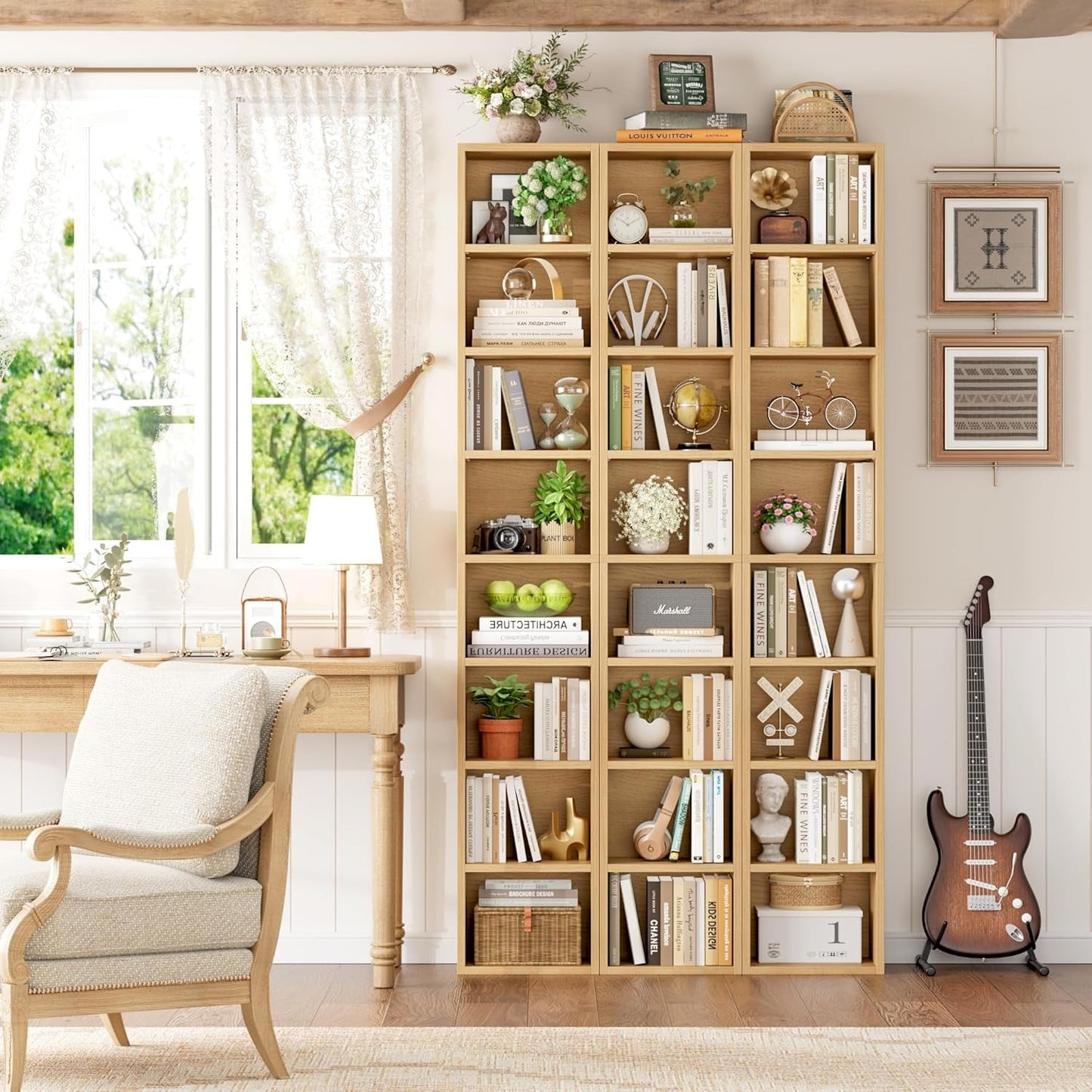 8-Tier Media Tower Rack, 11.6 X 9.3 X 71 Inches CD DVD Slim Storage Cabinet with Adjustable Shelves, Tall Narrow Bookcase Display Bookshelf for Home Office, Natural-1