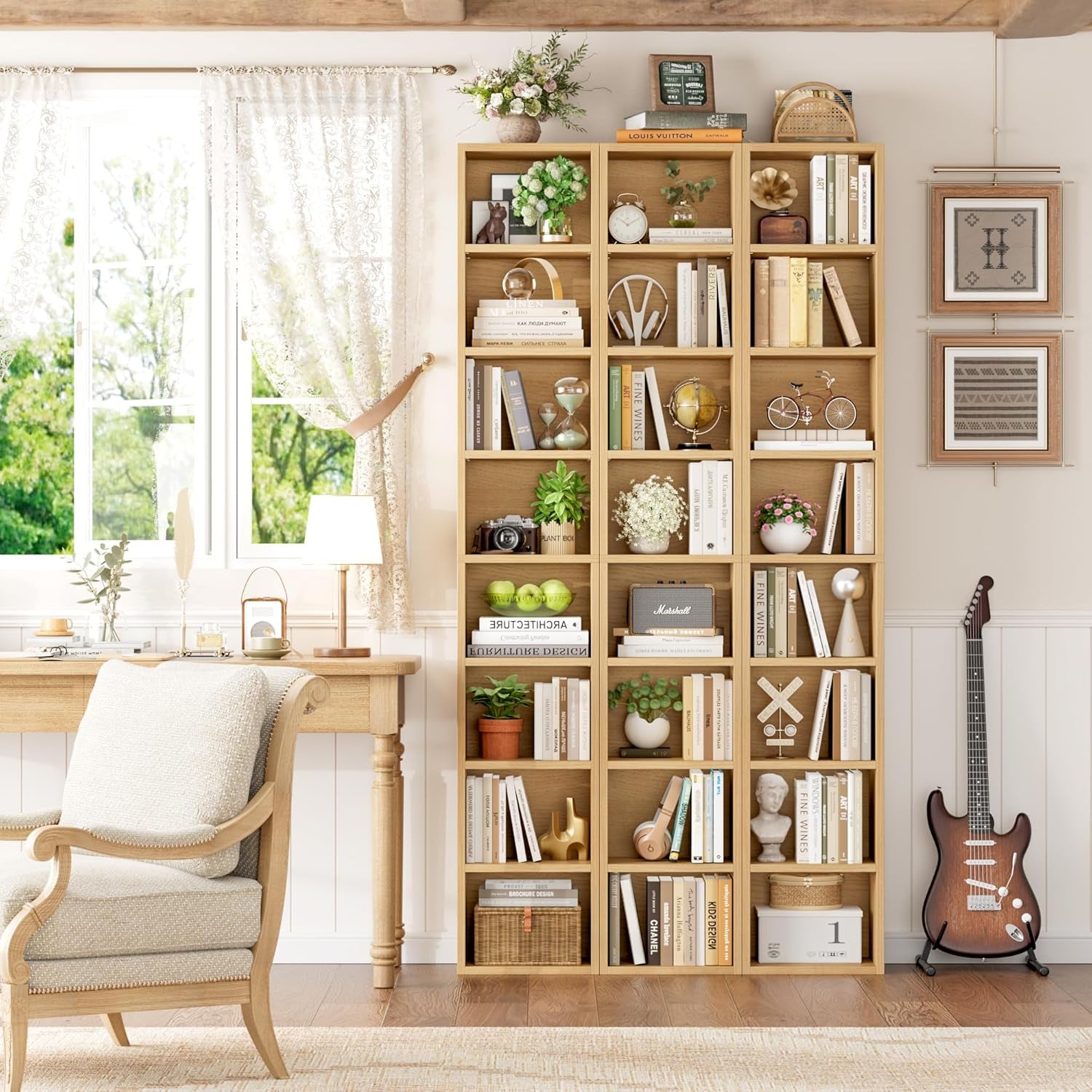 8-Tier Media Tower Rack, 11.6 X 9.3 X 71 Inches CD DVD Slim Storage Cabinet with Adjustable Shelves, Tall Narrow Bookcase Display Bookshelf for Home Office, Natural-1