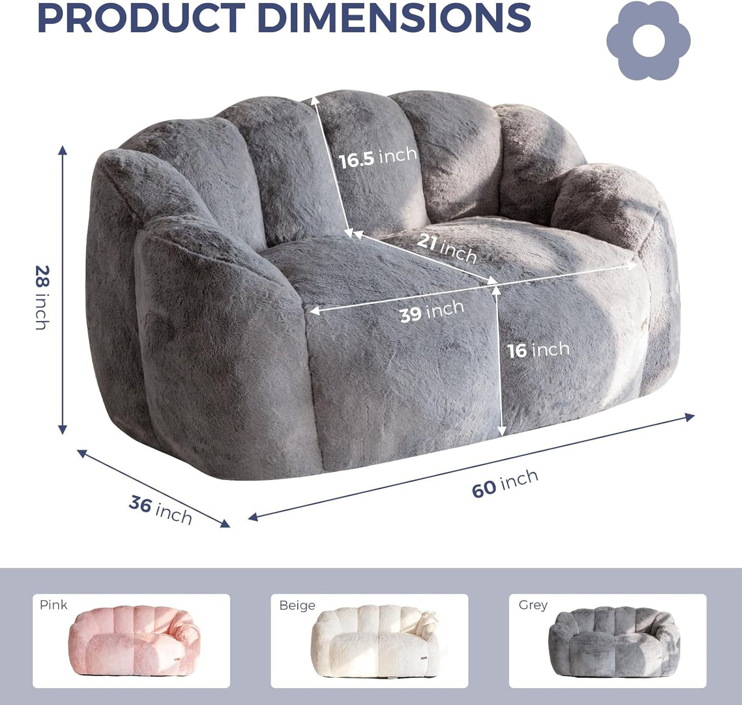 Bean Bag Chair for Adults, Loveseat Floral Shaped Bean Bag Sofa, Ultra Soft Love Seat Mini Sofa Couch, Faux Fur Reading Chair for Living Room Bedroom, Dark Grey-1